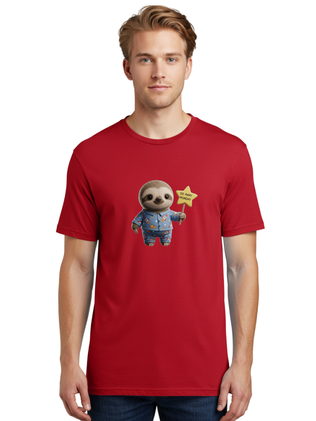Go-Away-Monday-Sloth-3 Men'S Graphic Tee, 100% Cotton, Comfortable Casual Summer Wear, Machine Washable, Cute Sloth, Funny Sloth, Sloth In Pajamas, Space Themed, Cartoon Character, Go Away Monday Sign, Humorous Illustration, Quirky Design, Bae459 29