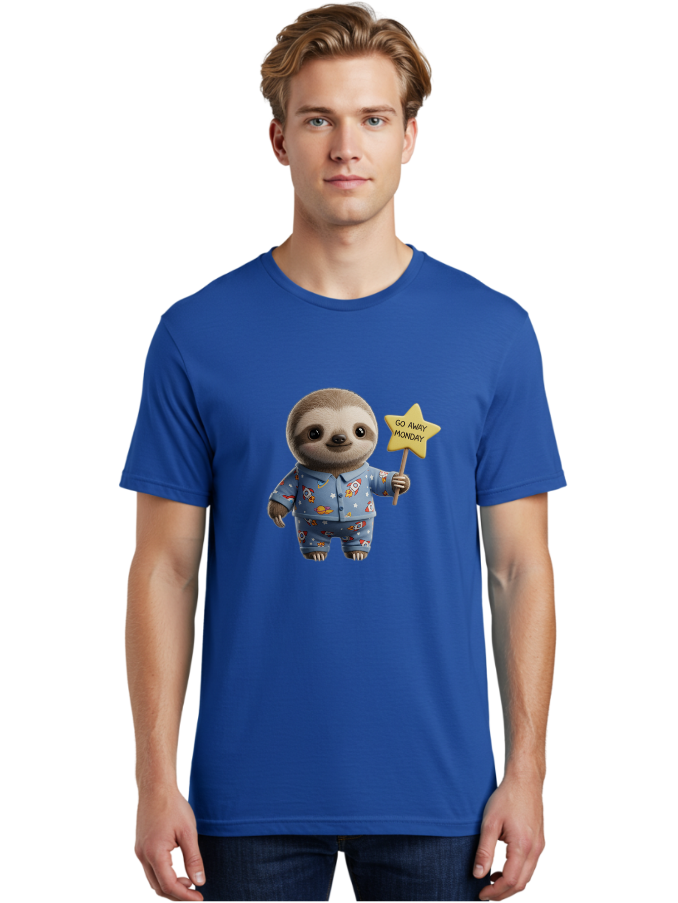 Go-Away-Monday-Sloth-3 Men'S Graphic Tee, 100% Cotton, Comfortable Casual Summer Wear, Machine Washable, Cute Sloth, Funny Sloth, Sloth In Pajamas, Space Themed, Cartoon Character, Go Away Monday Sign, Humorous Illustration, Quirky Design, Bae459 20