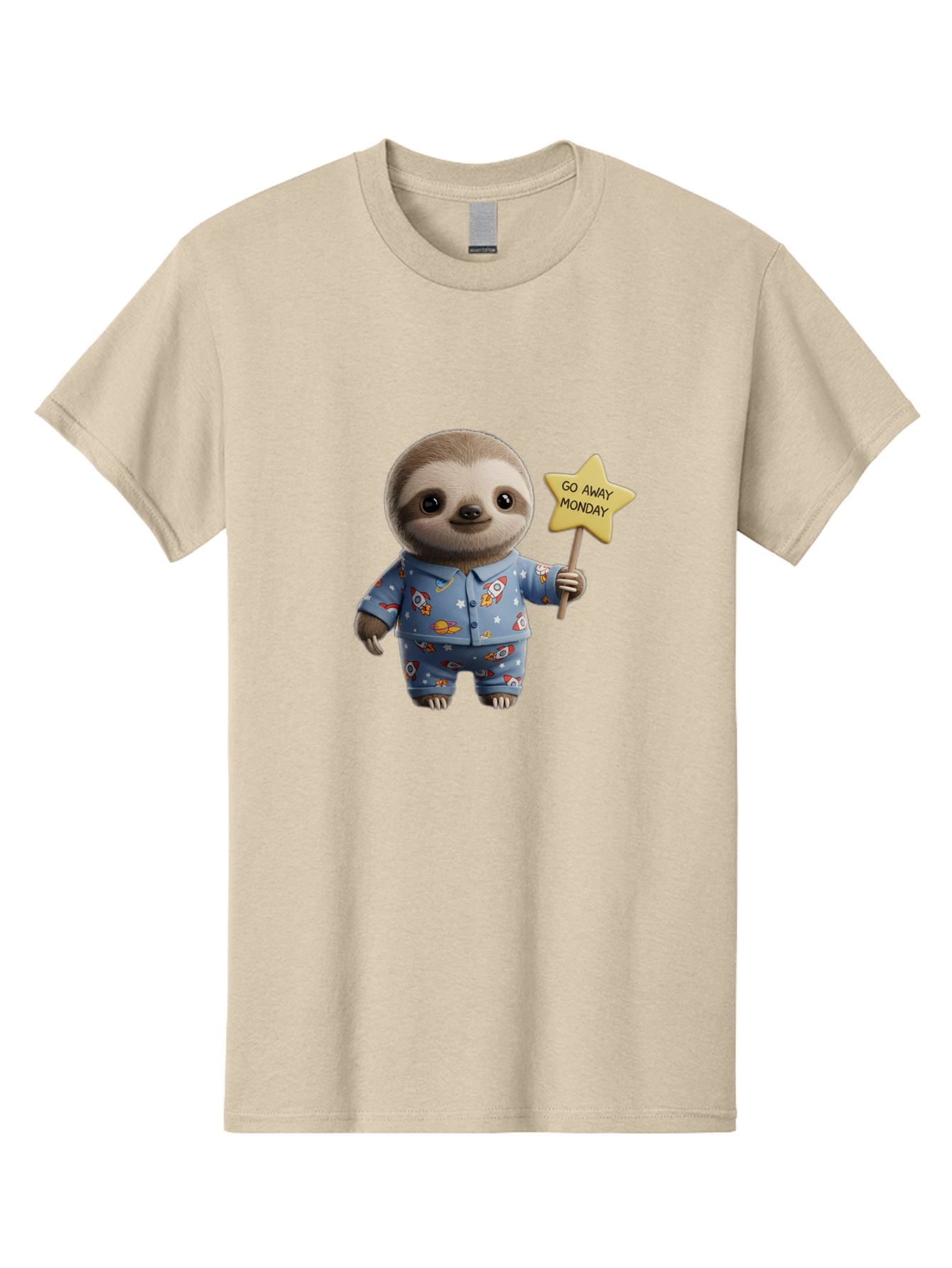 Go-Away-Monday-Sloth-3 Men'S Graphic Tee, 100% Cotton, Comfortable Casual Summer Wear, Machine Washable, Cute Sloth, Funny Sloth, Sloth In Pajamas, Space Themed, Cartoon Character, Go Away Monday Sign, Humorous Illustration, Quirky Design, Bae459 4