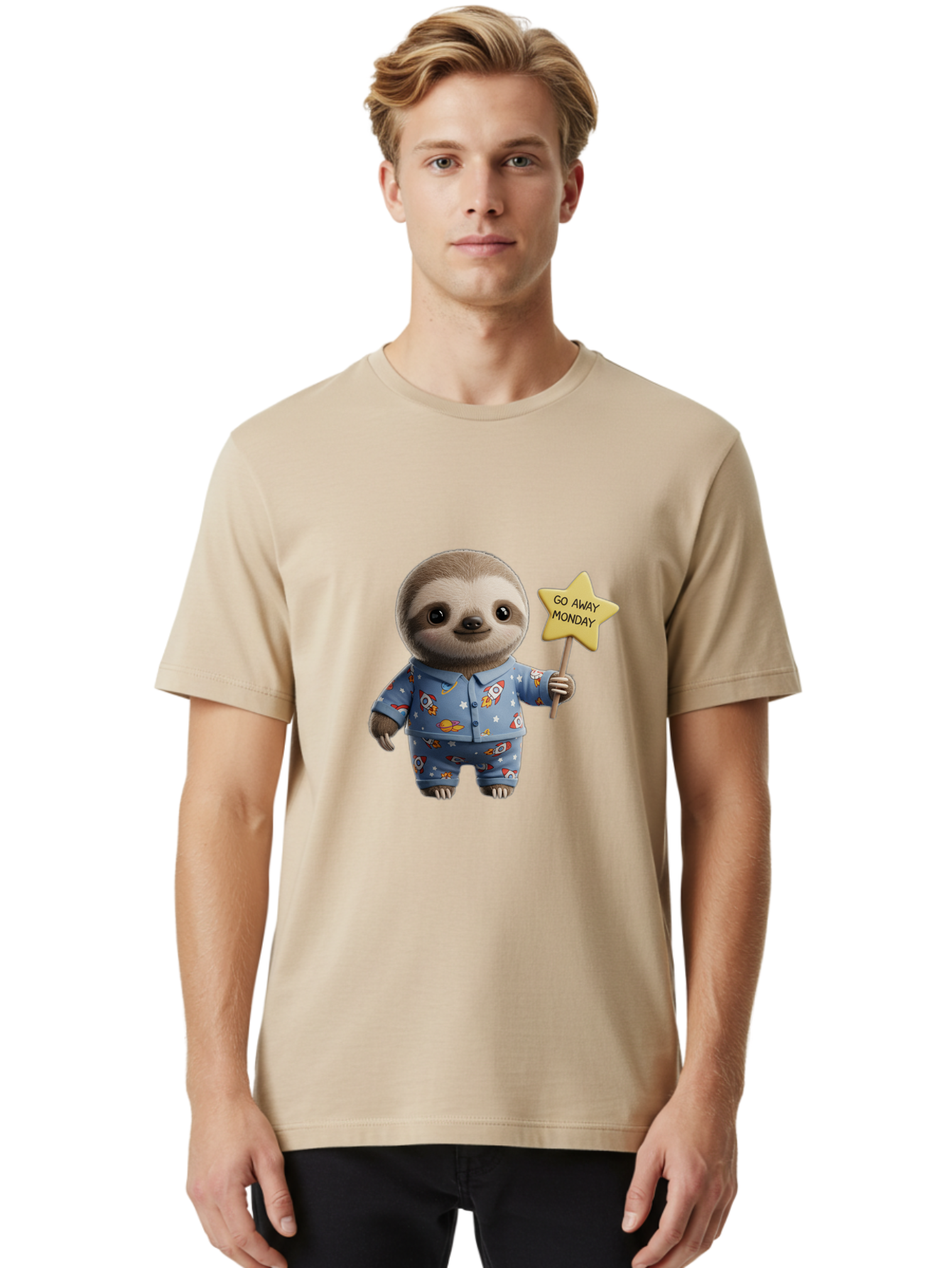 Go-Away-Monday-Sloth-3 Men'S Graphic Tee, 100% Cotton, Comfortable Casual Summer Wear, Machine Washable, Cute Sloth, Funny Sloth, Sloth In Pajamas, Space Themed, Cartoon Character, Go Away Monday Sign, Humorous Illustration, Quirky Design, Bae459 19