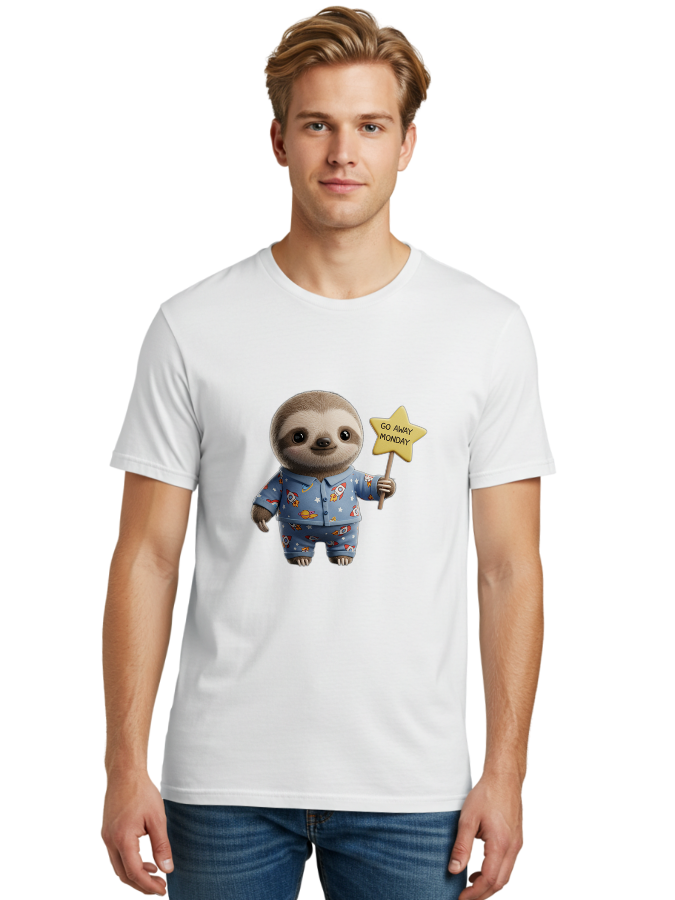 Go-Away-Monday-Sloth-3 Men'S Graphic Tee, 100% Cotton, Comfortable Casual Summer Wear, Machine Washable, Cute Sloth, Funny Sloth, Sloth In Pajamas, Space Themed, Cartoon Character, Go Away Monday Sign, Humorous Illustration, Quirky Design, Bae459 22