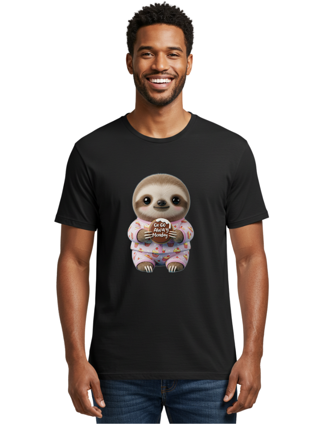 Go-Go-Away-Monday-Sloth Men'S Graphic Tee, 100% Cotton, Comfortable Casual Summer Wear, Machine Washable, Cute Sloth, Funny Sloth, Sloth In Pajamas, Cupcake Patterned, Holding Chocolate, Go Away Monday, Monday Blues, Humorous Illustration Bae461 29