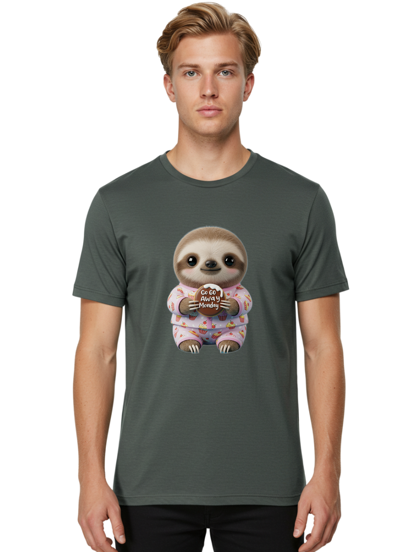 Go-Go-Away-Monday-Sloth Men'S Graphic Tee, 100% Cotton, Comfortable Casual Summer Wear, Machine Washable, Cute Sloth, Funny Sloth, Sloth In Pajamas, Cupcake Patterned, Holding Chocolate, Go Away Monday, Monday Blues, Humorous Illustration Bae461 23