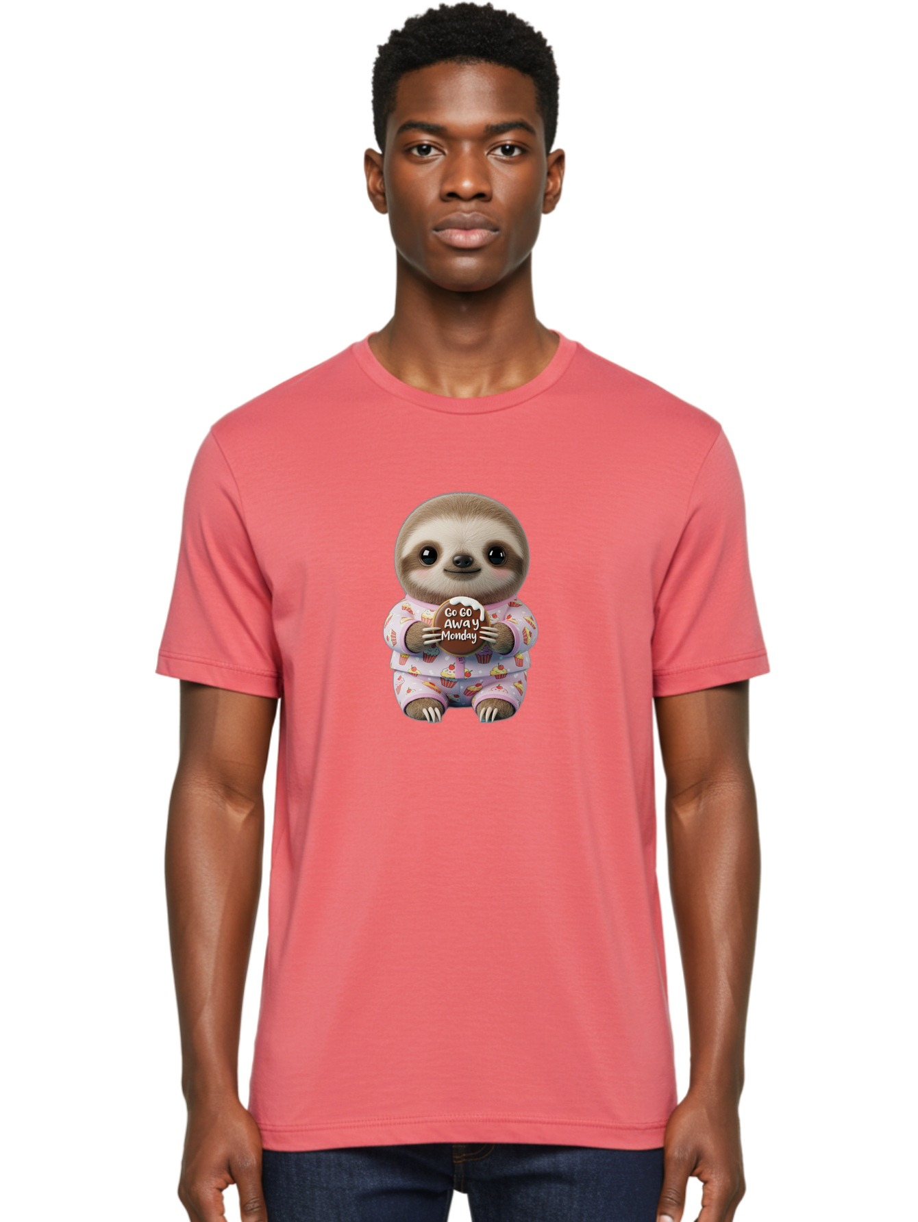 Go-Go-Away-Monday-Sloth Men'S Graphic Tee, 100% Cotton, Comfortable Casual Summer Wear, Machine Washable, Cute Sloth, Funny Sloth, Sloth In Pajamas, Cupcake Patterned, Holding Chocolate, Go Away Monday, Monday Blues, Humorous Illustration Bae461 22