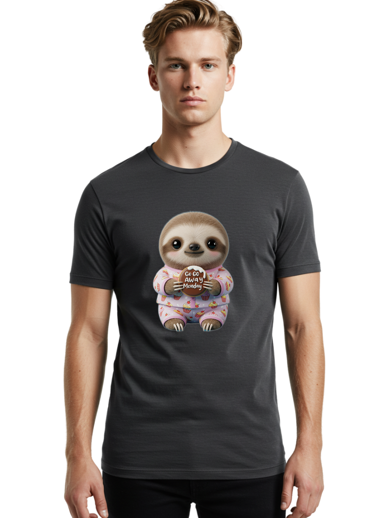 Go-Go-Away-Monday-Sloth Men'S Graphic Tee, 100% Cotton, Comfortable Casual Summer Wear, Machine Washable, Cute Sloth, Funny Sloth, Sloth In Pajamas, Cupcake Patterned, Holding Chocolate, Go Away Monday, Monday Blues, Humorous Illustration Bae461 25