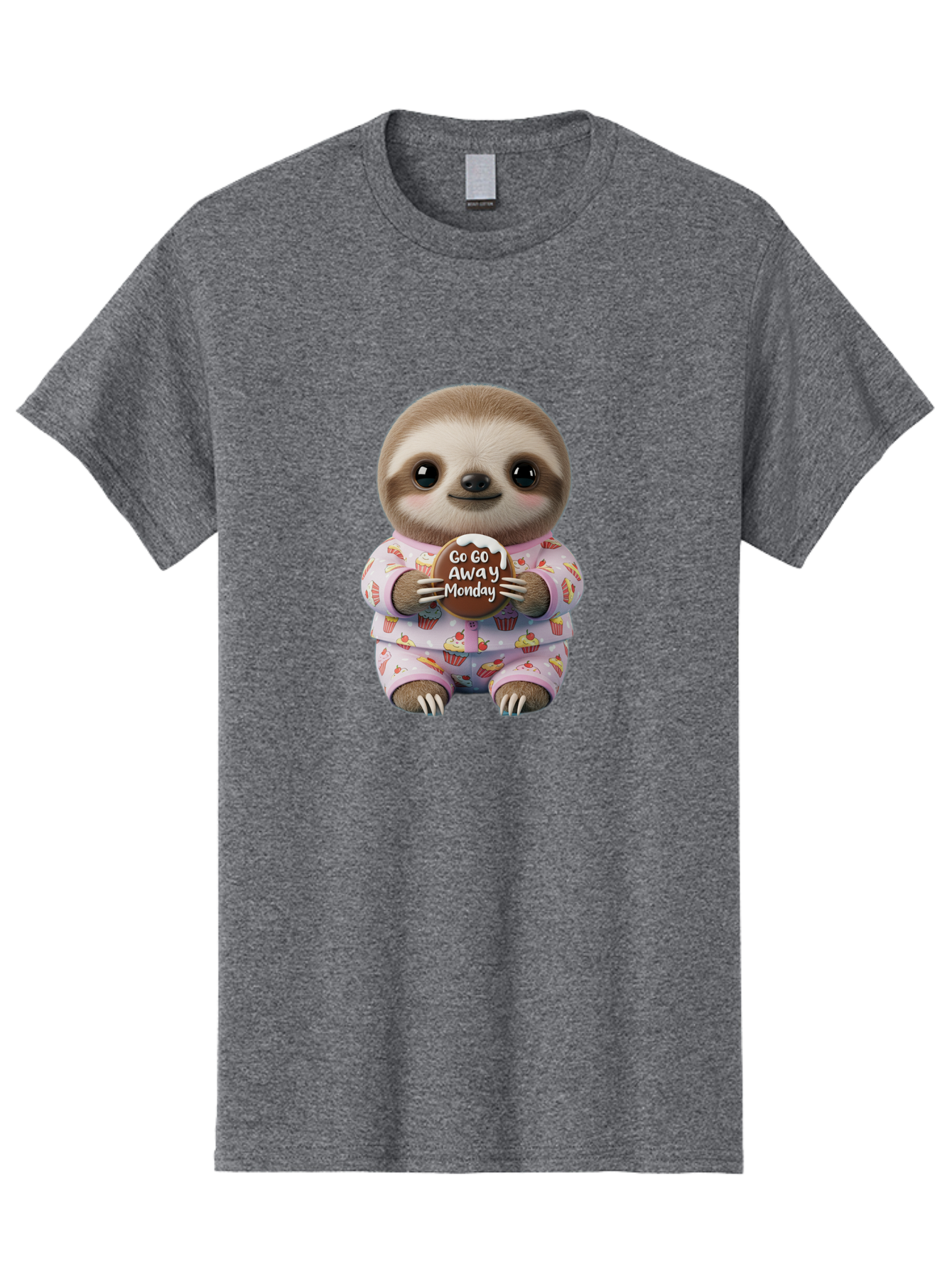 Go-Go-Away-Monday-Sloth Men'S Graphic Tee, 100% Cotton, Comfortable Casual Summer Wear, Machine Washable, Cute Sloth, Funny Sloth, Sloth In Pajamas, Cupcake Patterned, Holding Chocolate, Go Away Monday, Monday Blues, Humorous Illustration Bae461 15