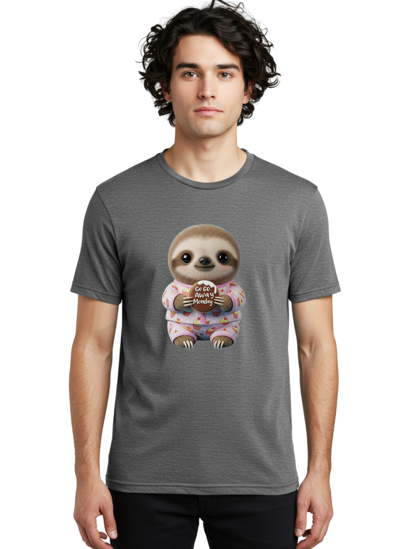 Go-Go-Away-Monday-Sloth Men'S Graphic Tee, 100% Cotton, Comfortable Casual Summer Wear, Machine Washable, Cute Sloth, Funny Sloth, Sloth In Pajamas, Cupcake Patterned, Holding Chocolate, Go Away Monday, Monday Blues, Humorous Illustration Bae461 30