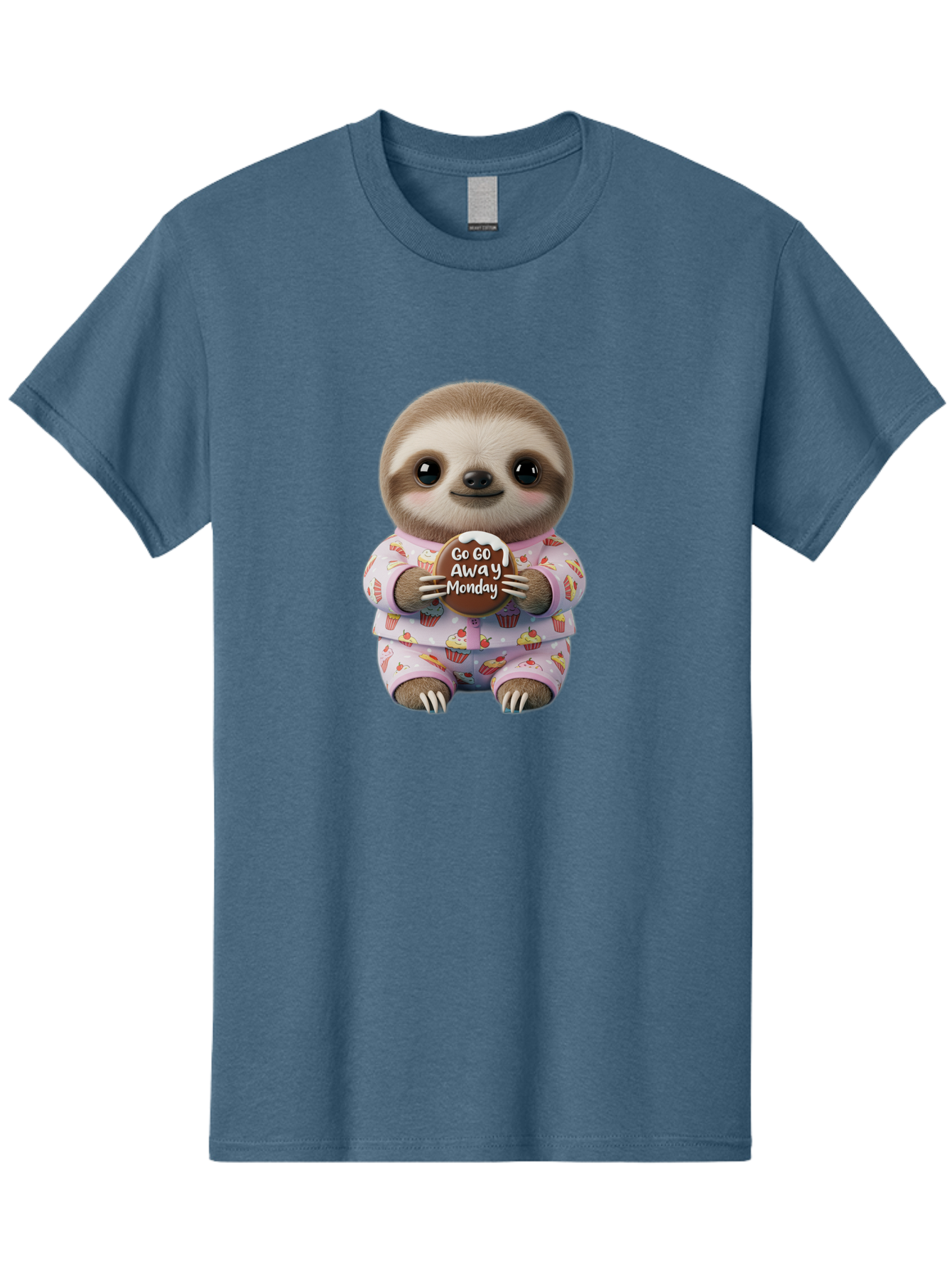 Go-Go-Away-Monday-Sloth Men'S Graphic Tee, 100% Cotton, Comfortable Casual Summer Wear, Machine Washable, Cute Sloth, Funny Sloth, Sloth In Pajamas, Cupcake Patterned, Holding Chocolate, Go Away Monday, Monday Blues, Humorous Illustration Bae461 3