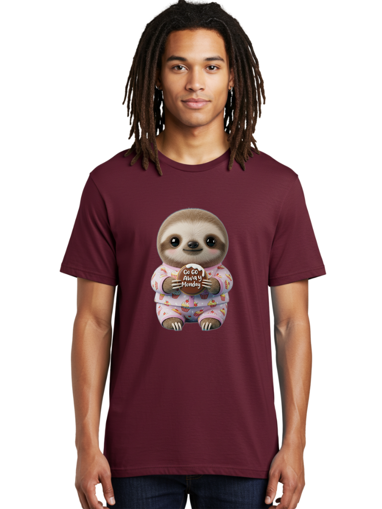 Go-Go-Away-Monday-Sloth Men'S Graphic Tee, 100% Cotton, Comfortable Casual Summer Wear, Machine Washable, Cute Sloth, Funny Sloth, Sloth In Pajamas, Cupcake Patterned, Holding Chocolate, Go Away Monday, Monday Blues, Humorous Illustration Bae461 27