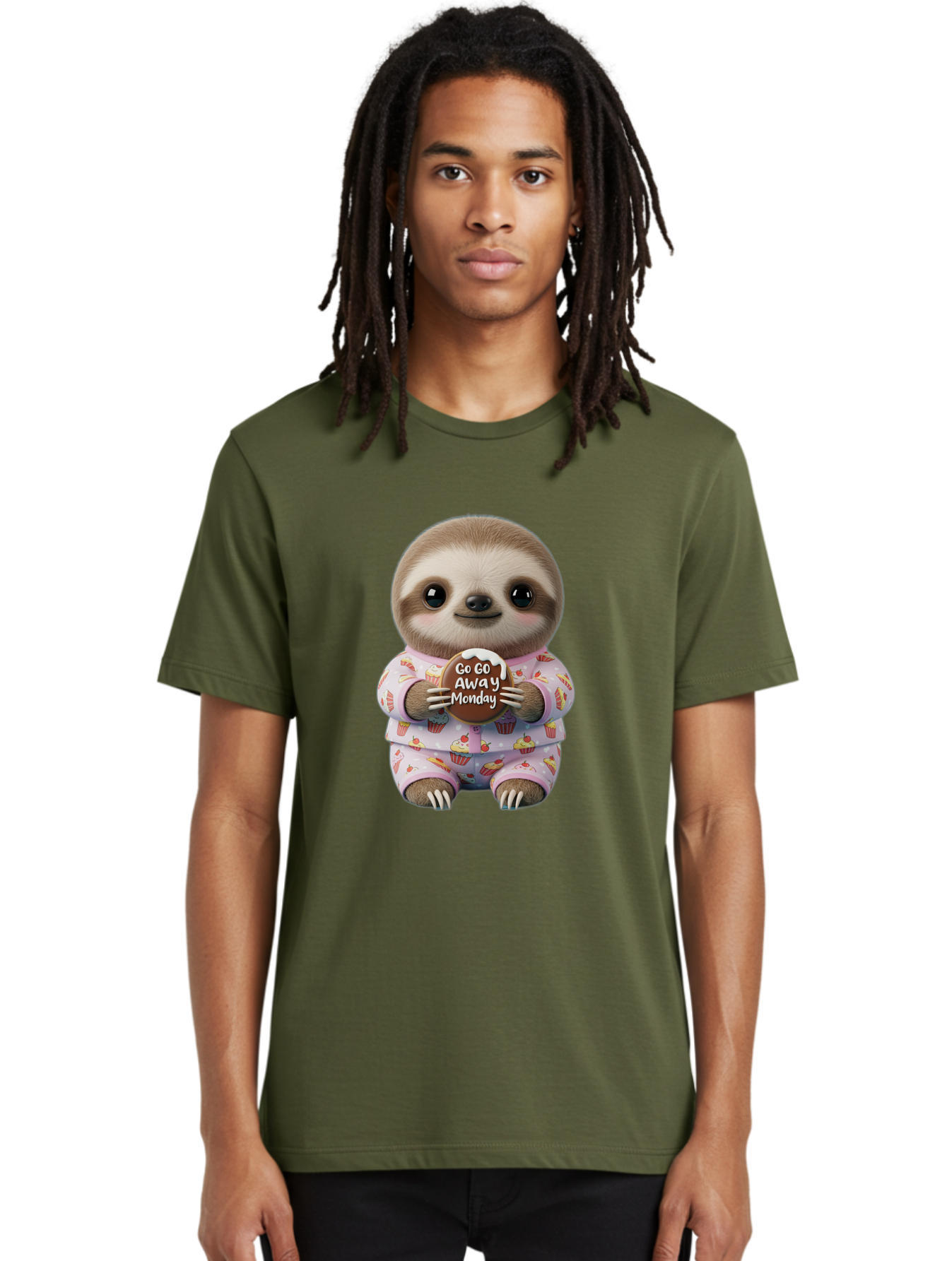 Go-Go-Away-Monday-Sloth Men'S Graphic Tee, 100% Cotton, Comfortable Casual Summer Wear, Machine Washable, Cute Sloth, Funny Sloth, Sloth In Pajamas, Cupcake Patterned, Holding Chocolate, Go Away Monday, Monday Blues, Humorous Illustration Bae461 19