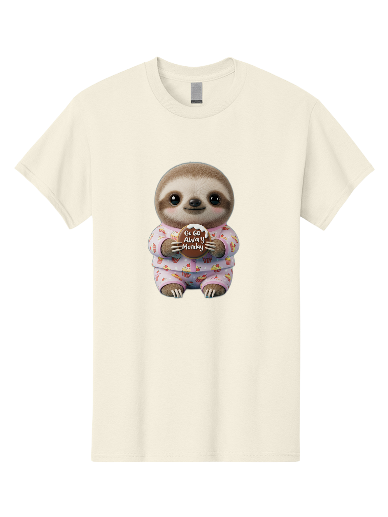 Go-Go-Away-Monday-Sloth Men'S Graphic Tee, 100% Cotton, Comfortable Casual Summer Wear, Machine Washable, Cute Sloth, Funny Sloth, Sloth In Pajamas, Cupcake Patterned, Holding Chocolate, Go Away Monday, Monday Blues, Humorous Illustration Bae461 13