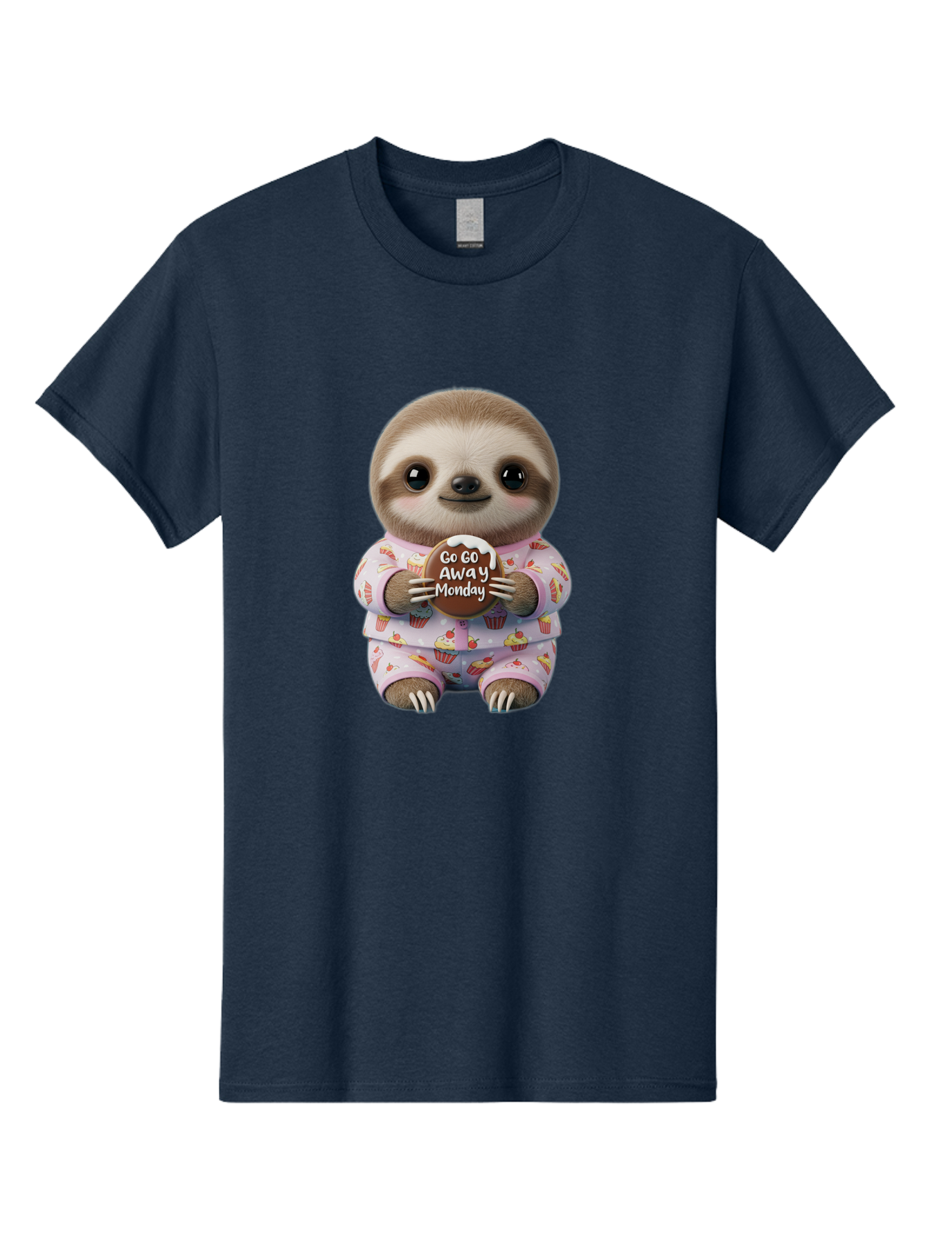 Go-Go-Away-Monday-Sloth Men'S Graphic Tee, 100% Cotton, Comfortable Casual Summer Wear, Machine Washable, Cute Sloth, Funny Sloth, Sloth In Pajamas, Cupcake Patterned, Holding Chocolate, Go Away Monday, Monday Blues, Humorous Illustration Bae461 9