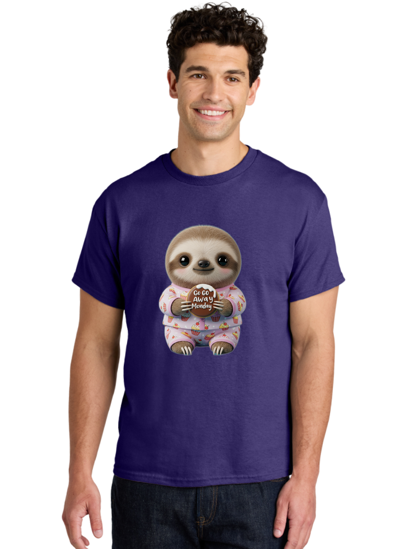 Go-Go-Away-Monday-Sloth Men'S Graphic Tee, 100% Cotton, Comfortable Casual Summer Wear, Machine Washable, Cute Sloth, Funny Sloth, Sloth In Pajamas, Cupcake Patterned, Holding Chocolate, Go Away Monday, Monday Blues, Humorous Illustration Bae461 17