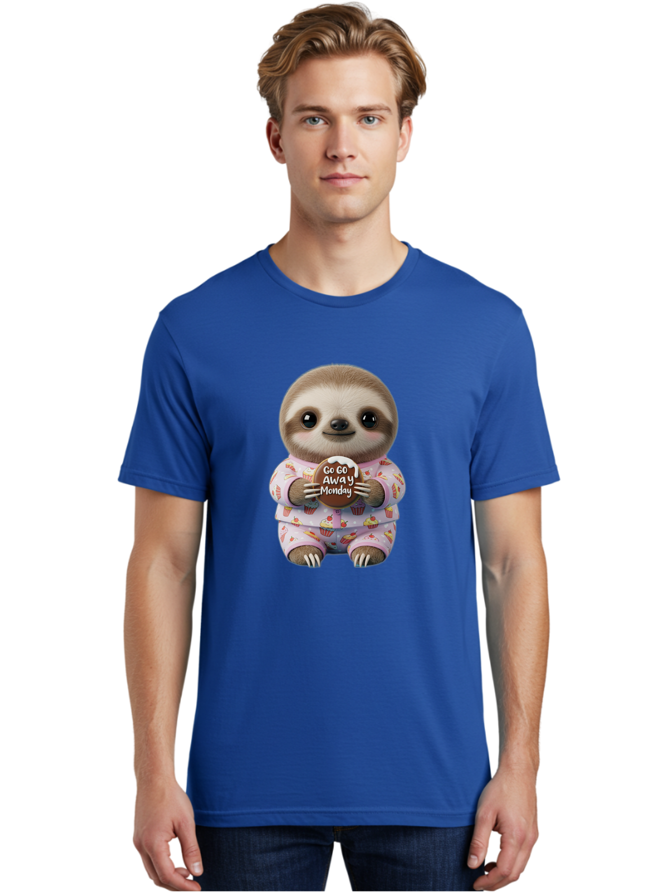 Go-Go-Away-Monday-Sloth Men'S Graphic Tee, 100% Cotton, Comfortable Casual Summer Wear, Machine Washable, Cute Sloth, Funny Sloth, Sloth In Pajamas, Cupcake Patterned, Holding Chocolate, Go Away Monday, Monday Blues, Humorous Illustration Bae461 16