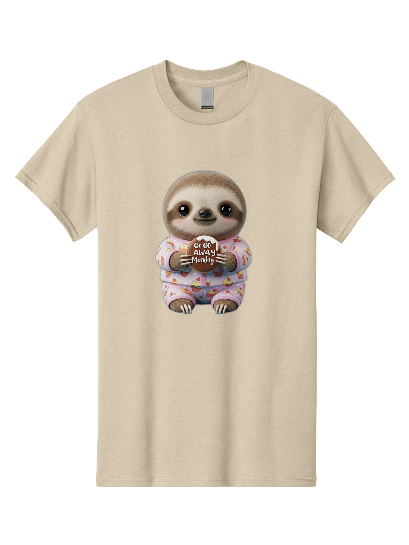 Go-Go-Away-Monday-Sloth Men'S Graphic Tee, 100% Cotton, Comfortable Casual Summer Wear, Machine Washable, Cute Sloth, Funny Sloth, Sloth In Pajamas, Cupcake Patterned, Holding Chocolate, Go Away Monday, Monday Blues, Humorous Illustration Bae461 6