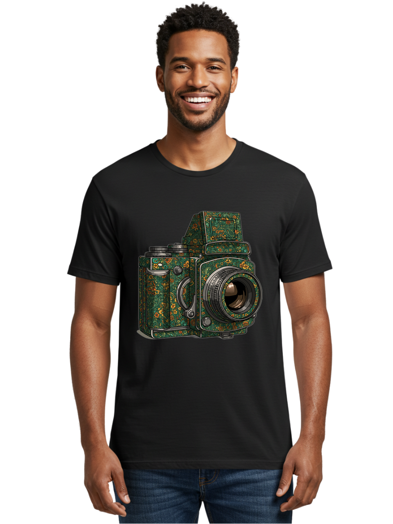 Holoformer-Camera Men'S Graphic Tee, 100% Cotton, Comfortable Casual Summer Wear, Machine Washable, Medium Format Camera, Vintage Photography Equipment, Retro Camera Design, Floral Patterns, Luxurious Look, Intricate Details, Bae468 30