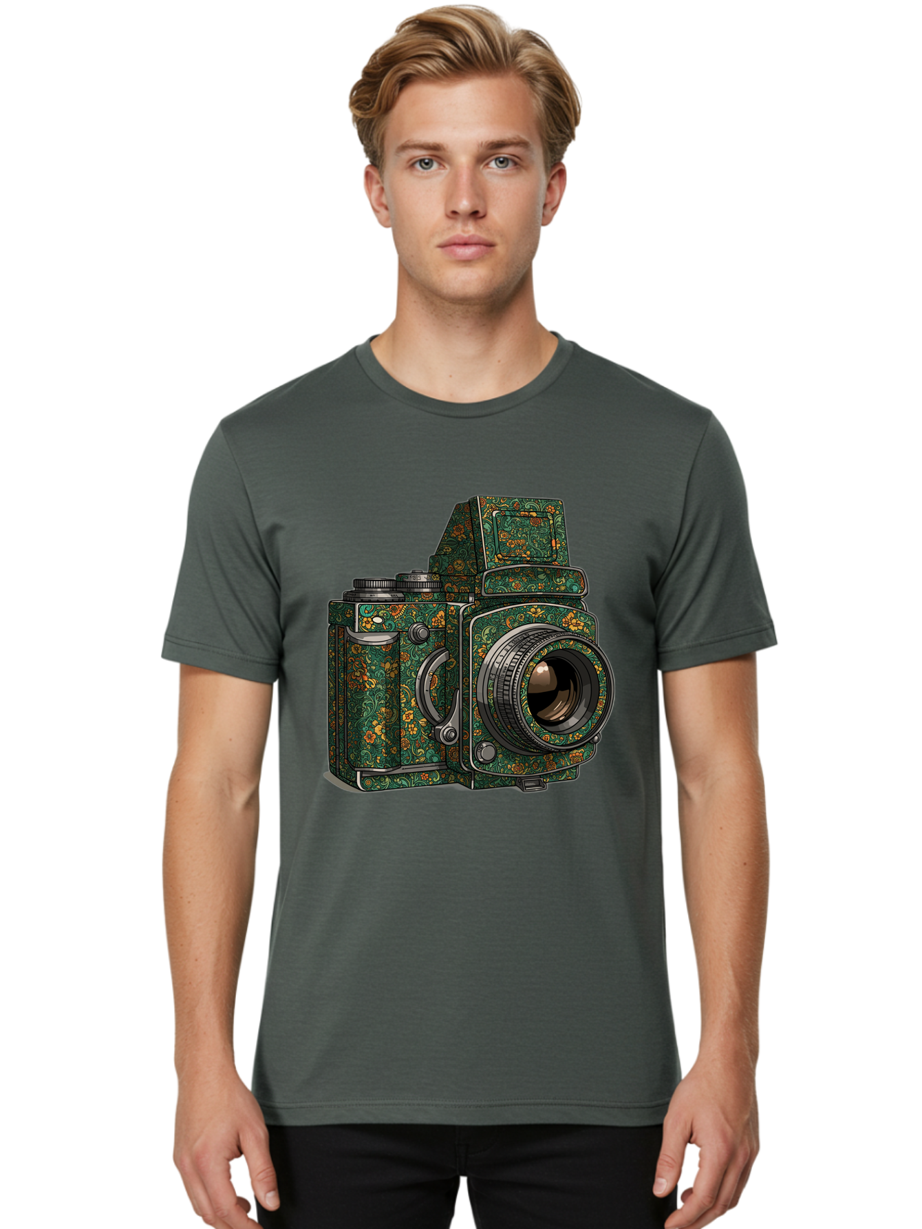 Holoformer-Camera Men'S Graphic Tee, 100% Cotton, Comfortable Casual Summer Wear, Machine Washable, Medium Format Camera, Vintage Photography Equipment, Retro Camera Design, Floral Patterns, Luxurious Look, Intricate Details, Bae468 25