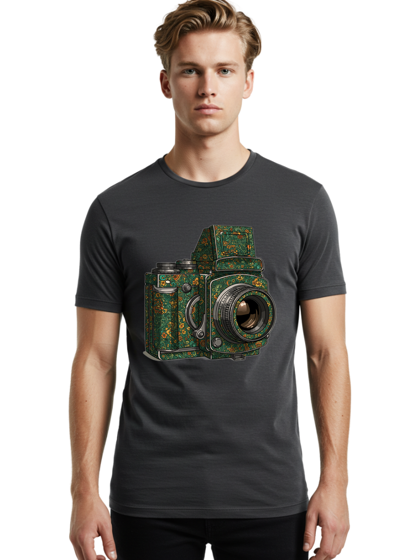 Holoformer-Camera Men'S Graphic Tee, 100% Cotton, Comfortable Casual Summer Wear, Machine Washable, Medium Format Camera, Vintage Photography Equipment, Retro Camera Design, Floral Patterns, Luxurious Look, Intricate Details, Bae468 22