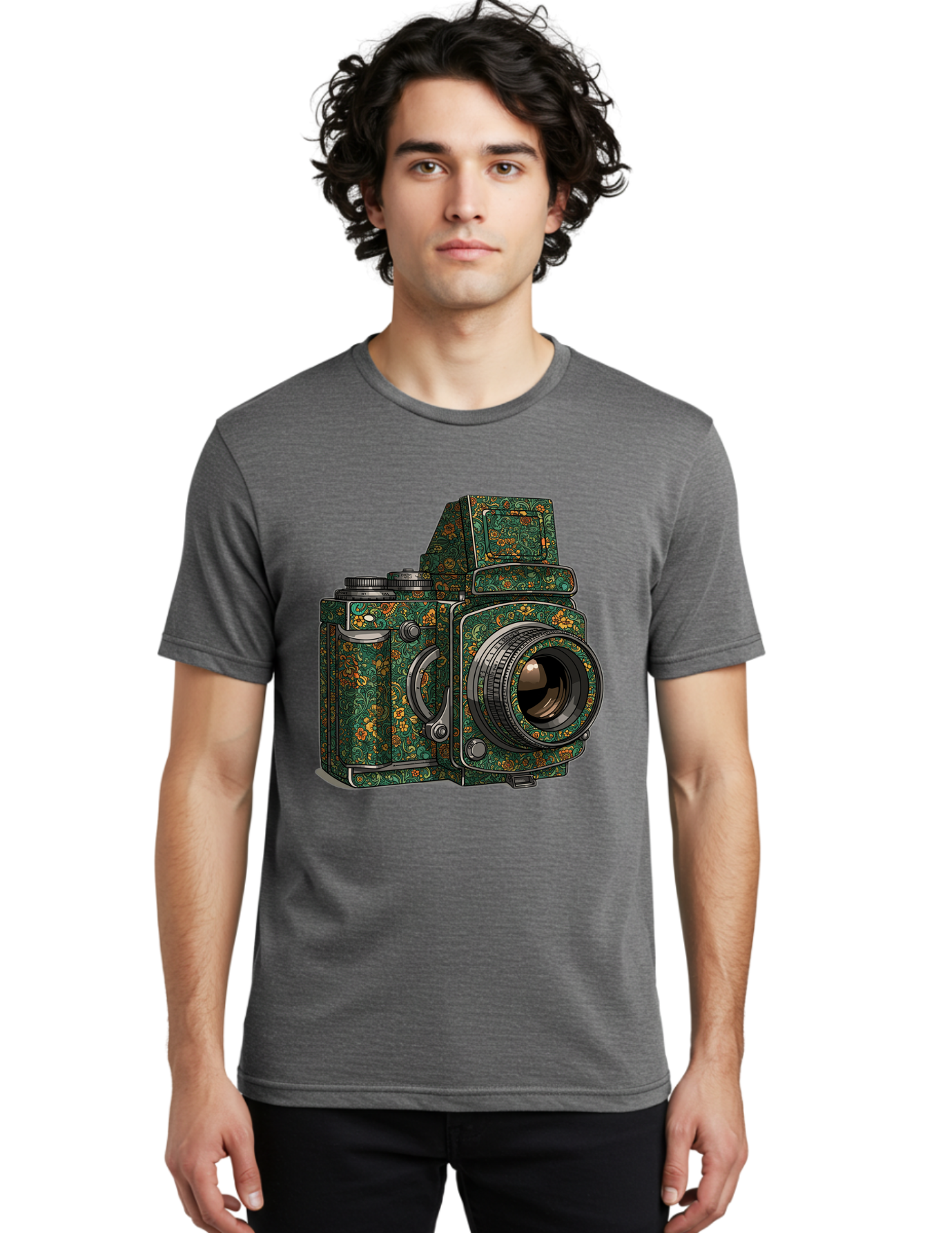 Holoformer-Camera Men'S Graphic Tee, 100% Cotton, Comfortable Casual Summer Wear, Machine Washable, Medium Format Camera, Vintage Photography Equipment, Retro Camera Design, Floral Patterns, Luxurious Look, Intricate Details, Bae468 20