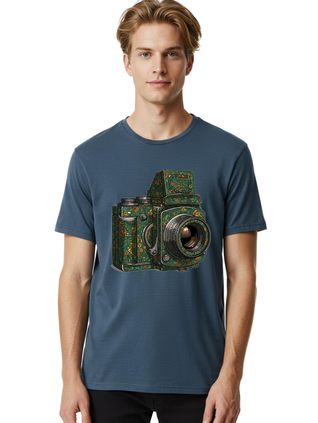 Holoformer-Camera Men'S Graphic Tee, 100% Cotton, Comfortable Casual Summer Wear, Machine Washable, Medium Format Camera, Vintage Photography Equipment, Retro Camera Design, Floral Patterns, Luxurious Look, Intricate Details, Bae468 23