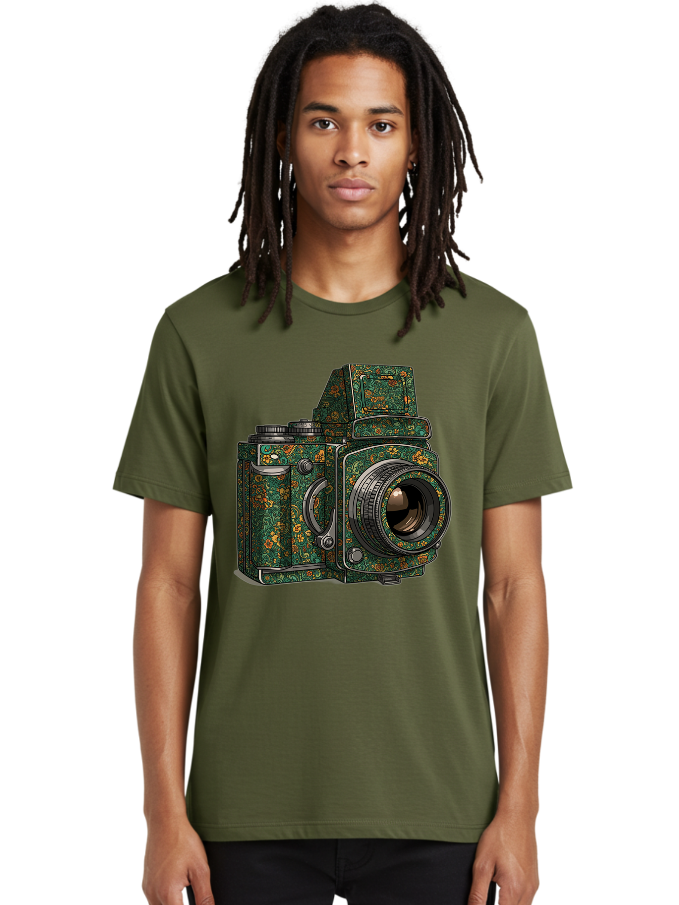 Holoformer-Camera Men'S Graphic Tee, 100% Cotton, Comfortable Casual Summer Wear, Machine Washable, Medium Format Camera, Vintage Photography Equipment, Retro Camera Design, Floral Patterns, Luxurious Look, Intricate Details, Bae468 24