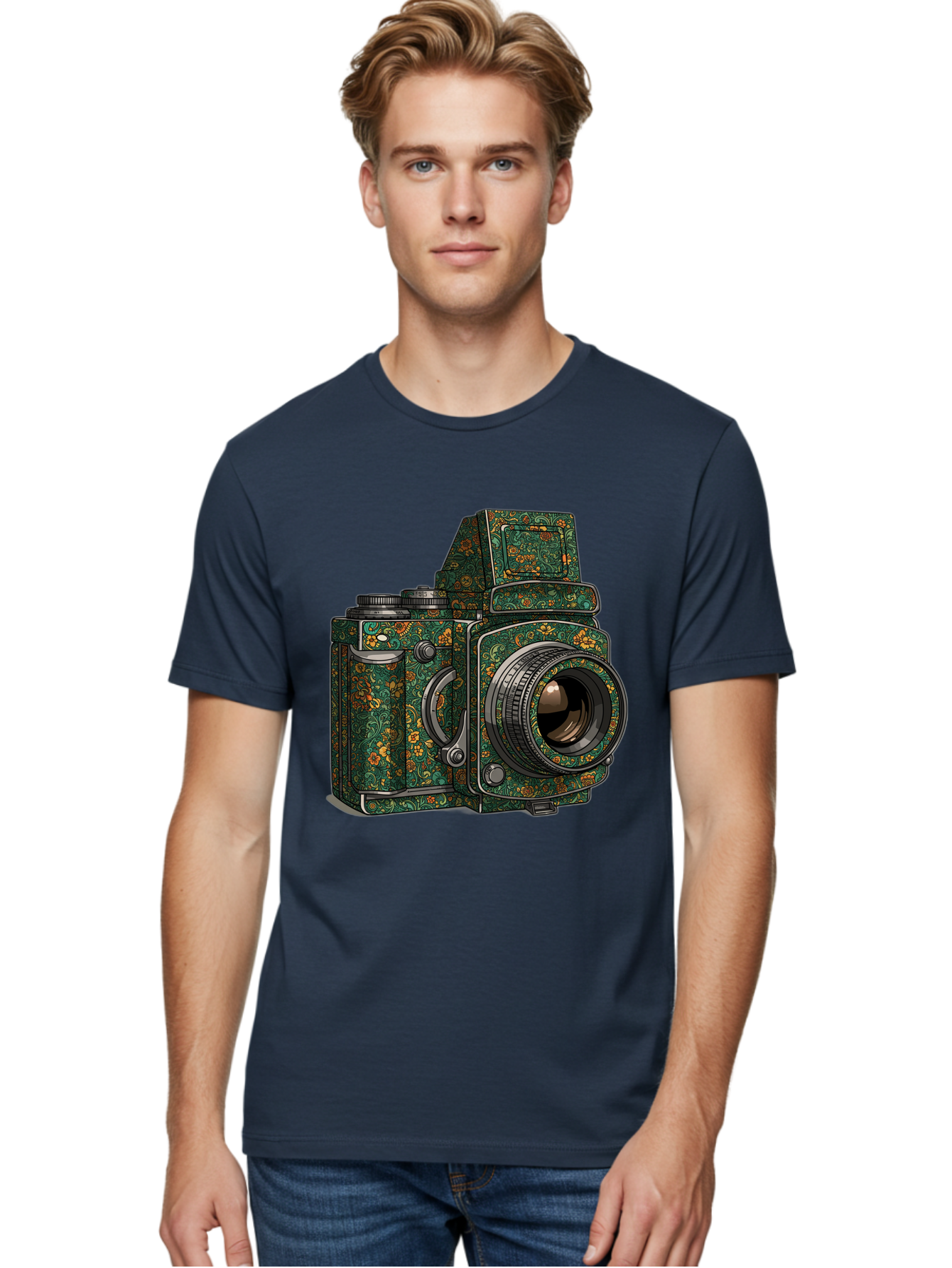 Holoformer-Camera Men'S Graphic Tee, 100% Cotton, Comfortable Casual Summer Wear, Machine Washable, Medium Format Camera, Vintage Photography Equipment, Retro Camera Design, Floral Patterns, Luxurious Look, Intricate Details, Bae468 28