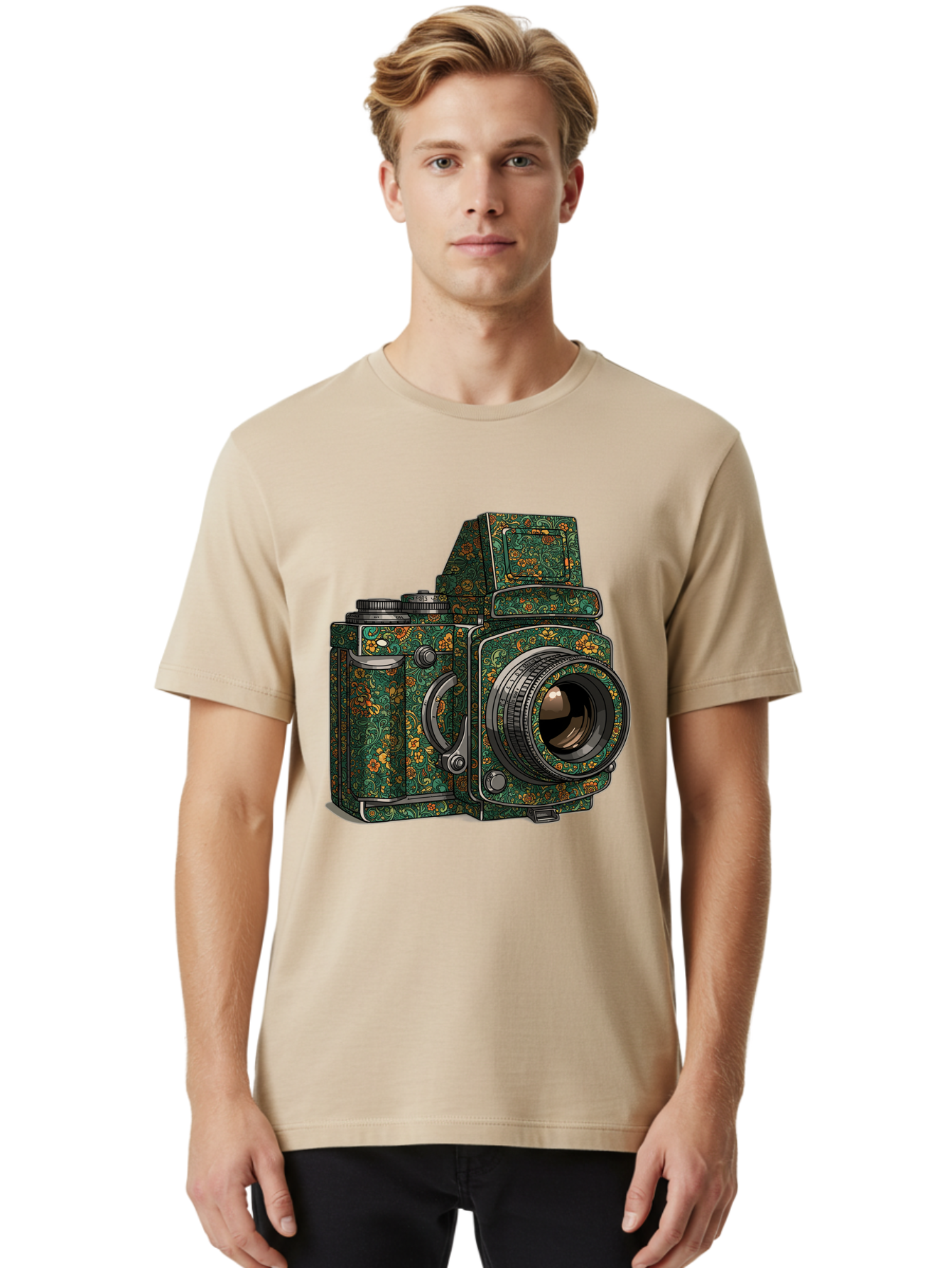 Holoformer-Camera Men'S Graphic Tee, 100% Cotton, Comfortable Casual Summer Wear, Machine Washable, Medium Format Camera, Vintage Photography Equipment, Retro Camera Design, Floral Patterns, Luxurious Look, Intricate Details, Bae468 26