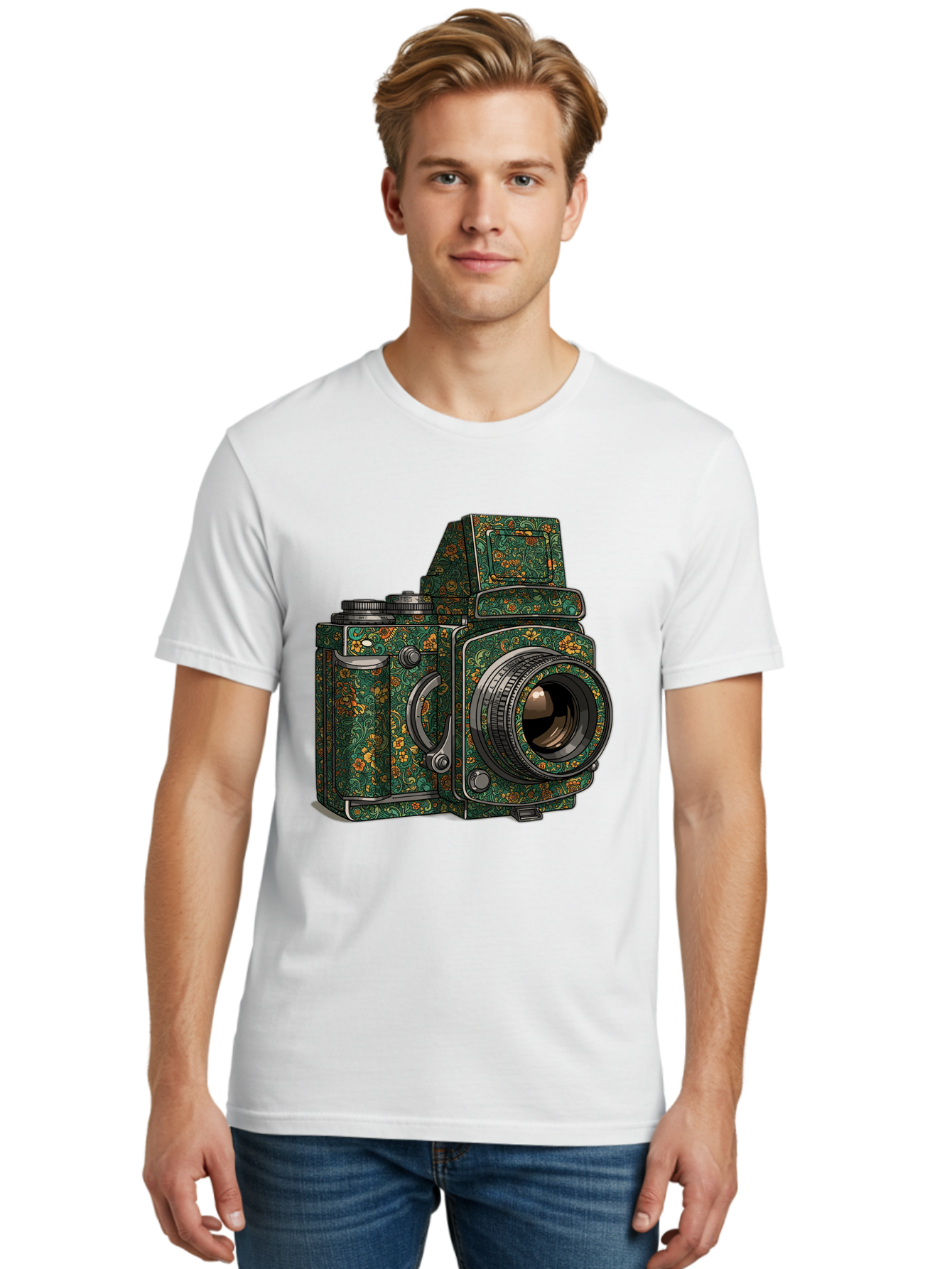 Holoformer-Camera Men'S Graphic Tee, 100% Cotton, Comfortable Casual Summer Wear, Machine Washable, Medium Format Camera, Vintage Photography Equipment, Retro Camera Design, Floral Patterns, Luxurious Look, Intricate Details, Bae468 19