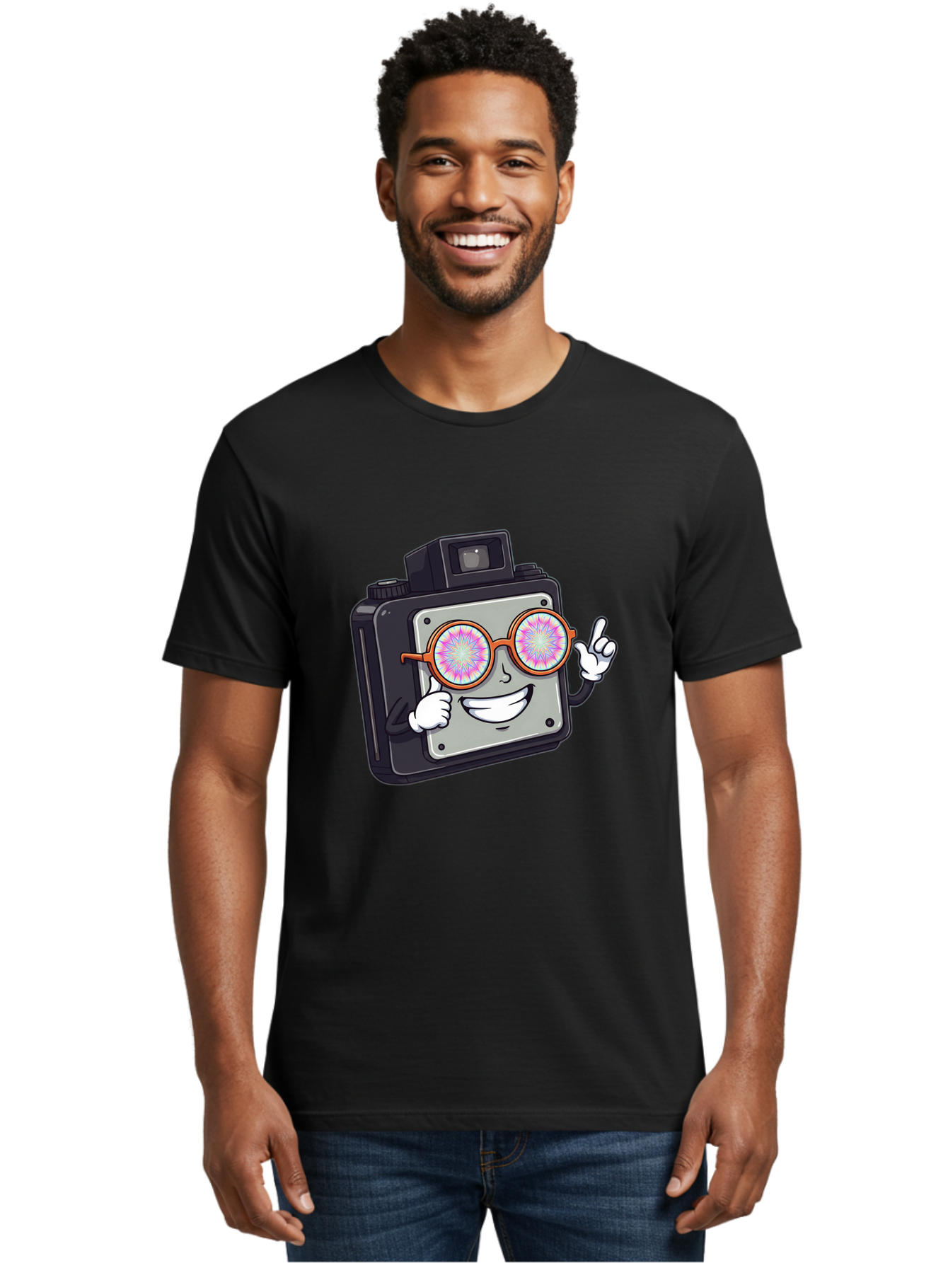 Instant-Camera-Character Men'S Graphic Tee, 100% Cotton, Comfortable Casual Summer Wear, Machine Washable, Cartoon Camera, Sunglasses, Pink Lenses, Funny Character, Playful Vibe, Happy Expression, Creative Illustration, Fun Photography Bae470 25
