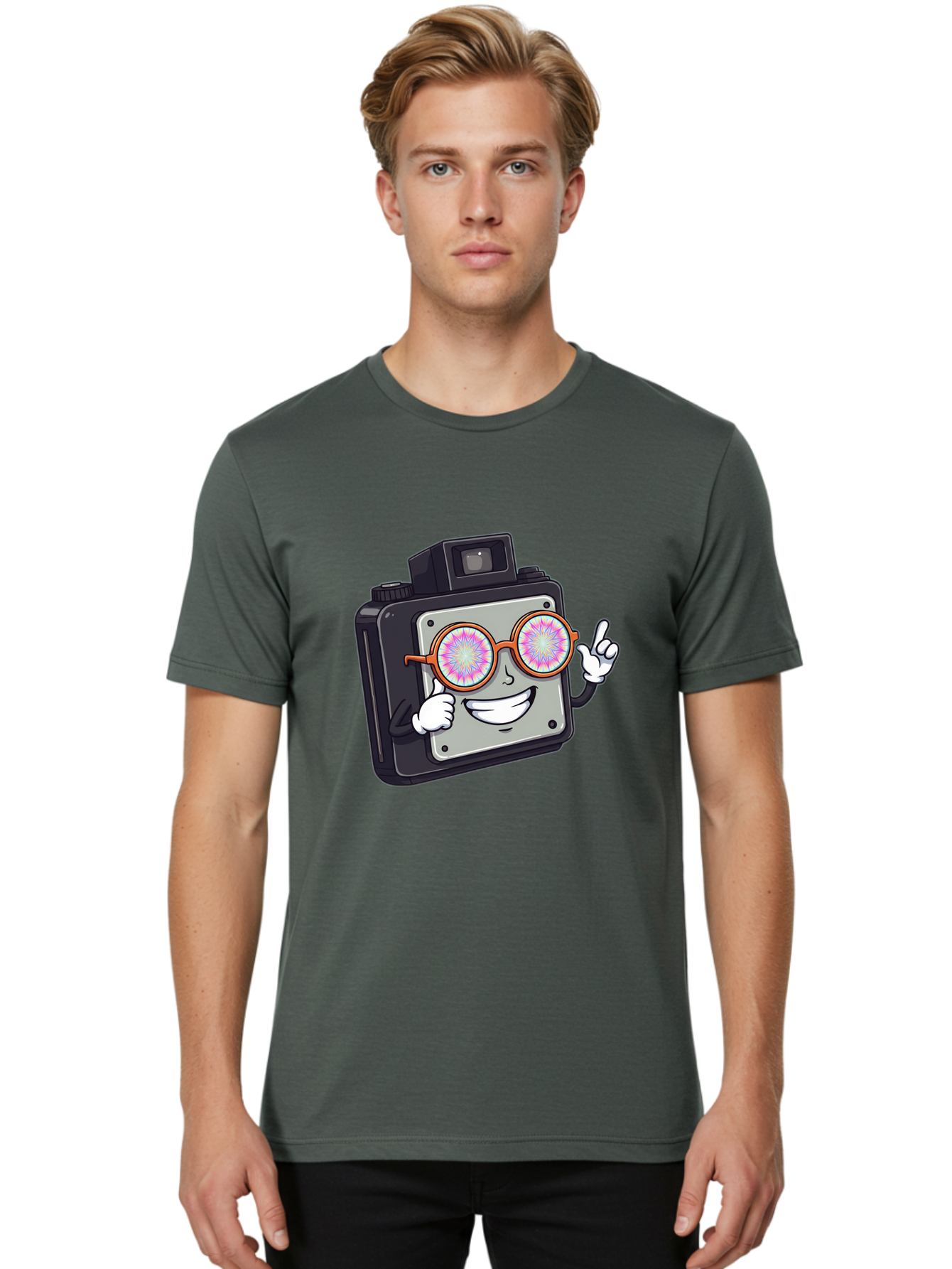 Instant-Camera-Character Men'S Graphic Tee, 100% Cotton, Comfortable Casual Summer Wear, Machine Washable, Cartoon Camera, Sunglasses, Pink Lenses, Funny Character, Playful Vibe, Happy Expression, Creative Illustration, Fun Photography Bae470 28