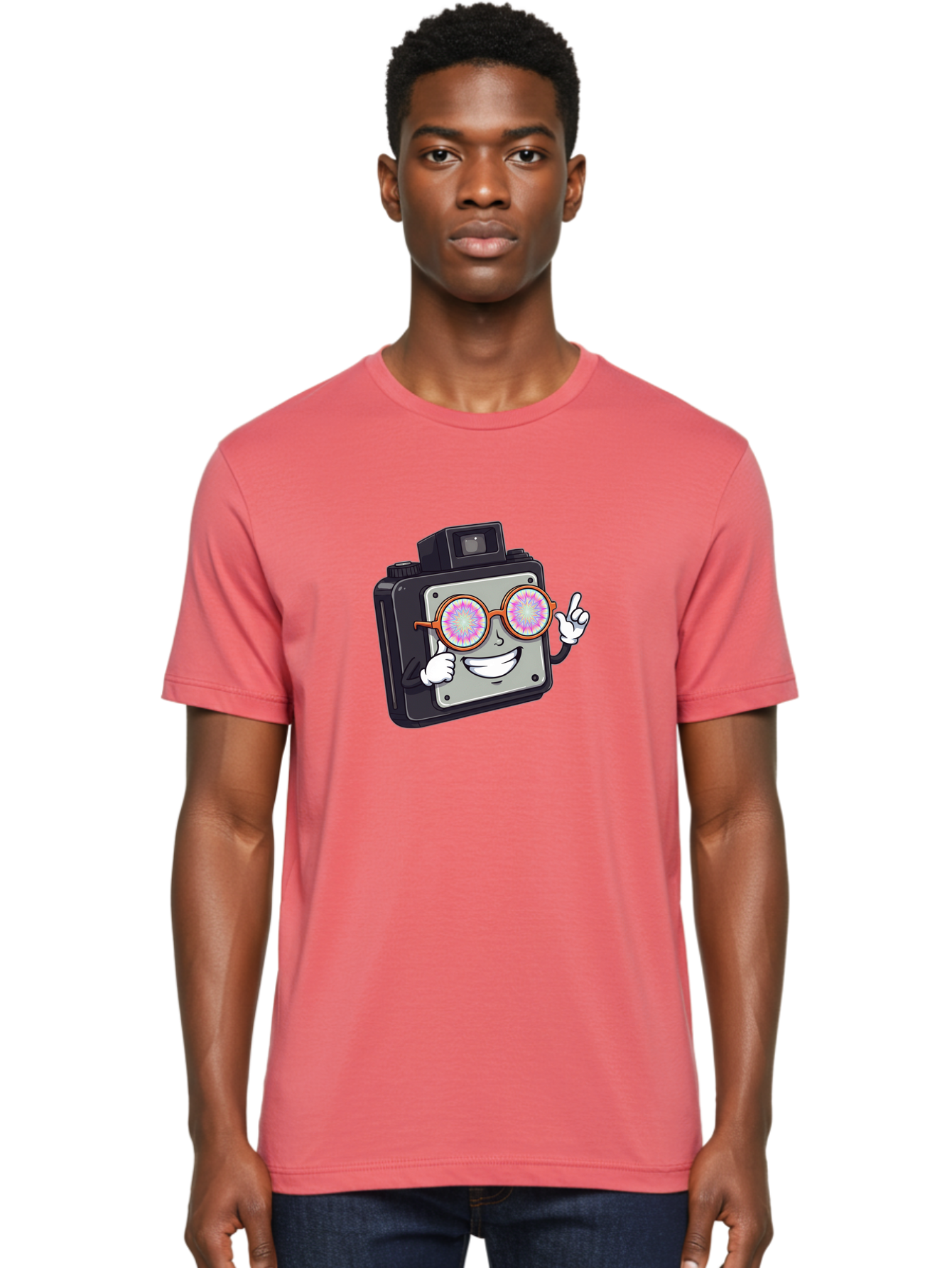 Instant-Camera-Character Men'S Graphic Tee, 100% Cotton, Comfortable Casual Summer Wear, Machine Washable, Cartoon Camera, Sunglasses, Pink Lenses, Funny Character, Playful Vibe, Happy Expression, Creative Illustration, Fun Photography Bae470 30