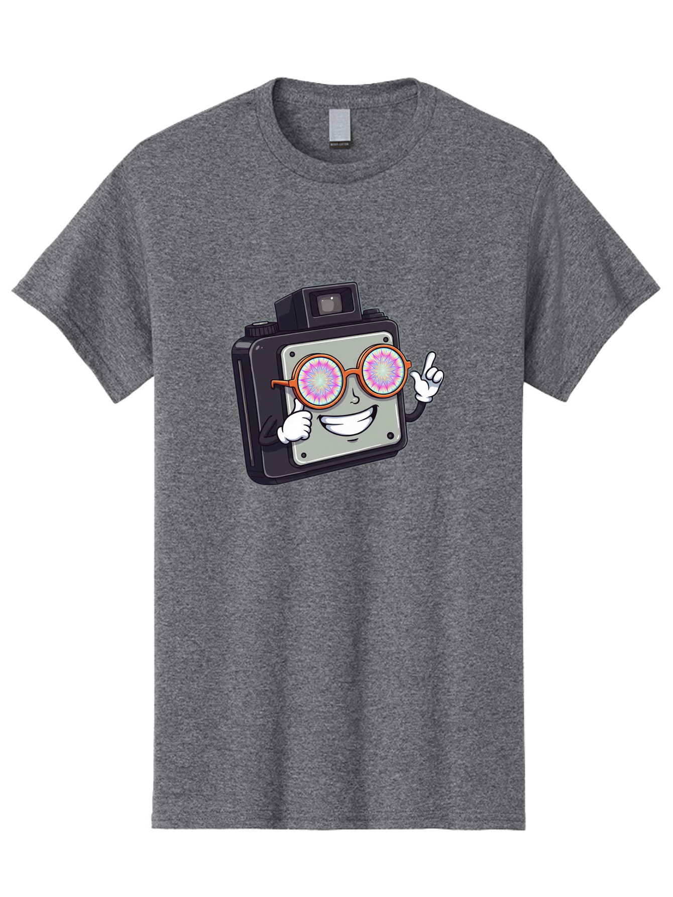 Instant-Camera-Character Men'S Graphic Tee, 100% Cotton, Comfortable Casual Summer Wear, Machine Washable, Cartoon Camera, Sunglasses, Pink Lenses, Funny Character, Playful Vibe, Happy Expression, Creative Illustration, Fun Photography Bae470 6