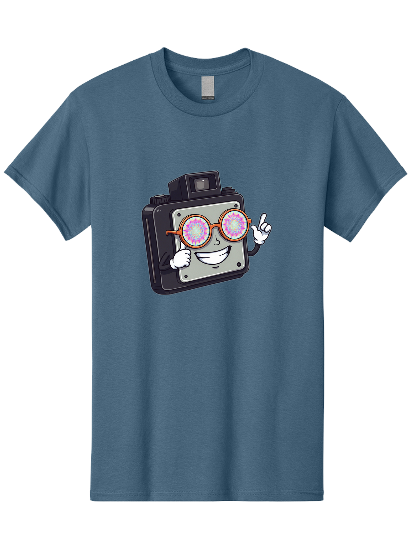 Instant-Camera-Character Men'S Graphic Tee, 100% Cotton, Comfortable Casual Summer Wear, Machine Washable, Cartoon Camera, Sunglasses, Pink Lenses, Funny Character, Playful Vibe, Happy Expression, Creative Illustration, Fun Photography Bae470 9