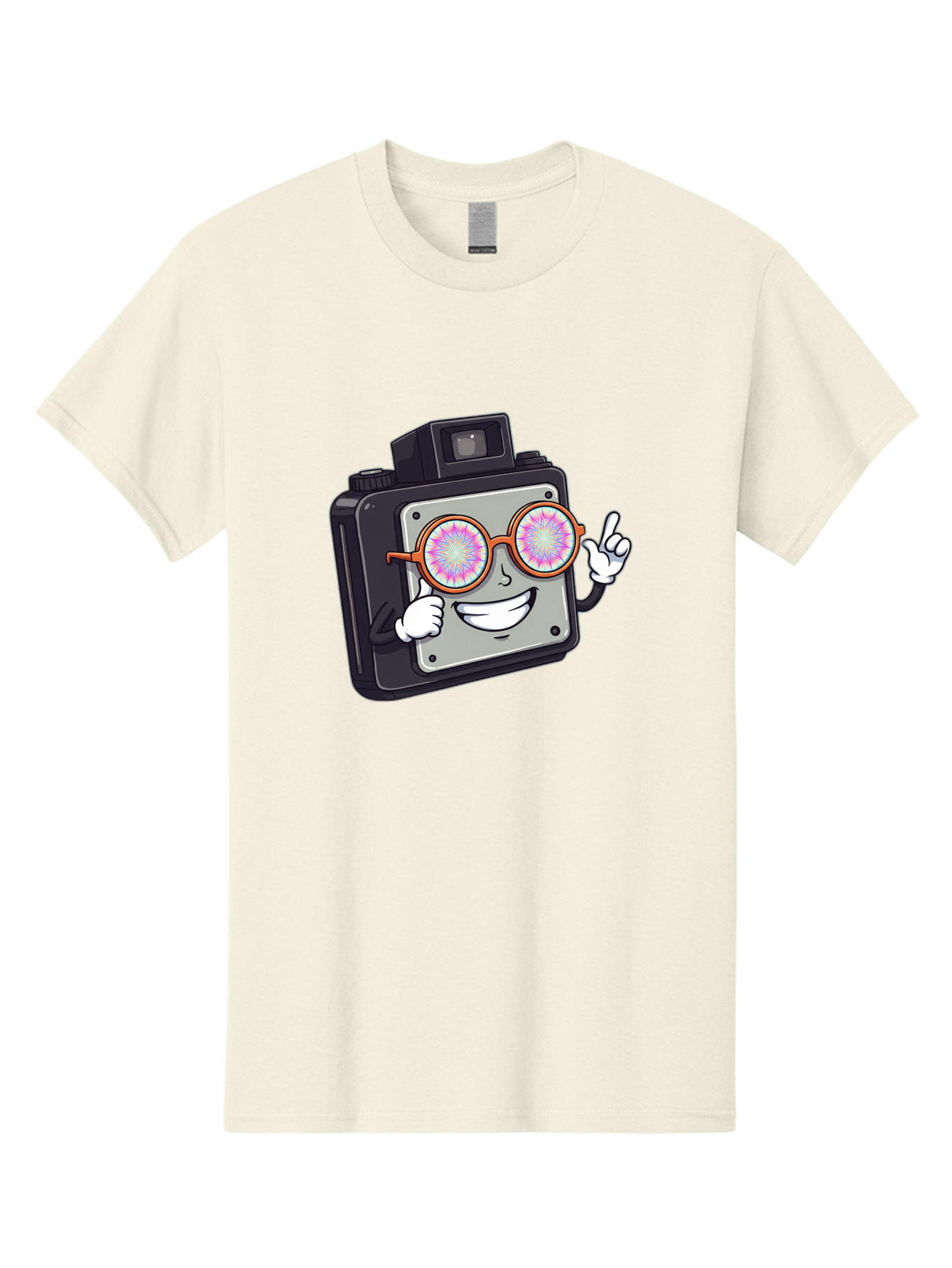 Instant-Camera-Character Men'S Graphic Tee, 100% Cotton, Comfortable Casual Summer Wear, Machine Washable, Cartoon Camera, Sunglasses, Pink Lenses, Funny Character, Playful Vibe, Happy Expression, Creative Illustration, Fun Photography Bae470 4