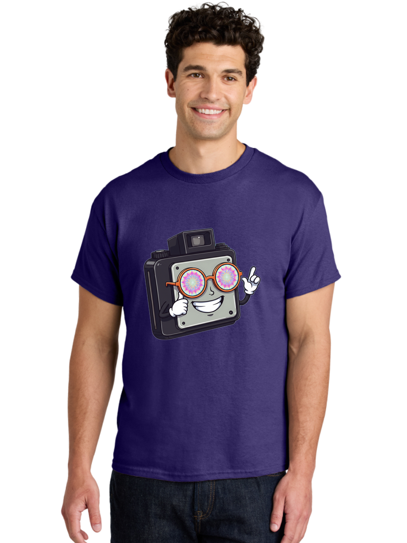 Instant-Camera-Character Men'S Graphic Tee, 100% Cotton, Comfortable Casual Summer Wear, Machine Washable, Cartoon Camera, Sunglasses, Pink Lenses, Funny Character, Playful Vibe, Happy Expression, Creative Illustration, Fun Photography Bae470 29