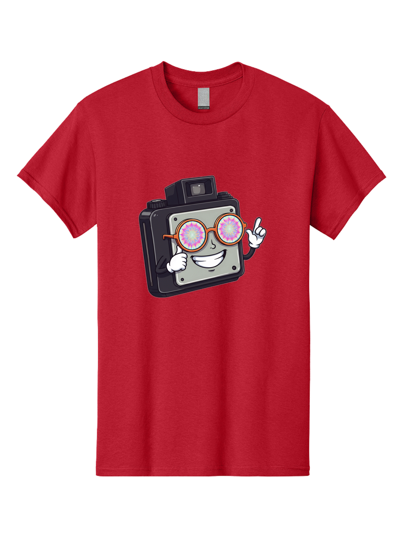 Instant-Camera-Character Men'S Graphic Tee, 100% Cotton, Comfortable Casual Summer Wear, Machine Washable, Cartoon Camera, Sunglasses, Pink Lenses, Funny Character, Playful Vibe, Happy Expression, Creative Illustration, Fun Photography Bae470 7