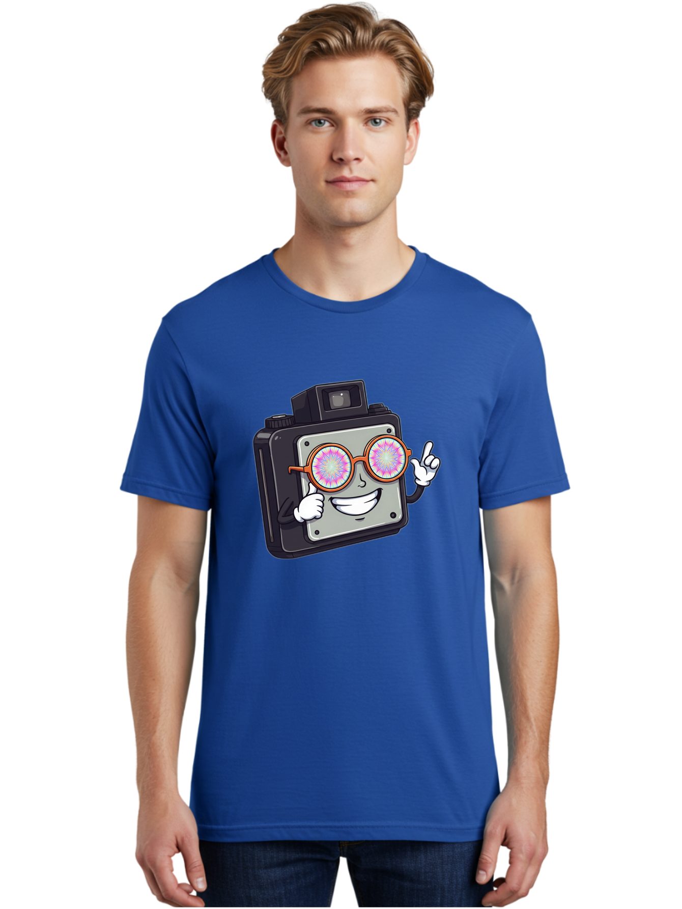 Instant-Camera-Character Men'S Graphic Tee, 100% Cotton, Comfortable Casual Summer Wear, Machine Washable, Cartoon Camera, Sunglasses, Pink Lenses, Funny Character, Playful Vibe, Happy Expression, Creative Illustration, Fun Photography Bae470 17
