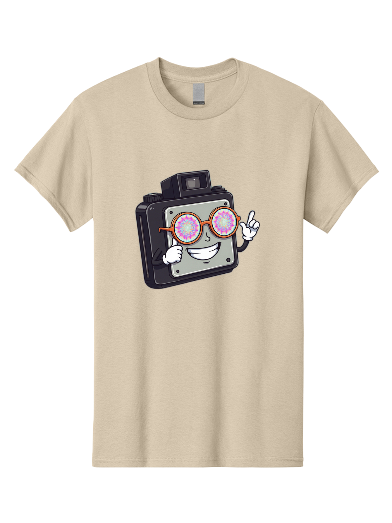 Instant-Camera-Character Men'S Graphic Tee, 100% Cotton, Comfortable Casual Summer Wear, Machine Washable, Cartoon Camera, Sunglasses, Pink Lenses, Funny Character, Playful Vibe, Happy Expression, Creative Illustration, Fun Photography Bae470 11