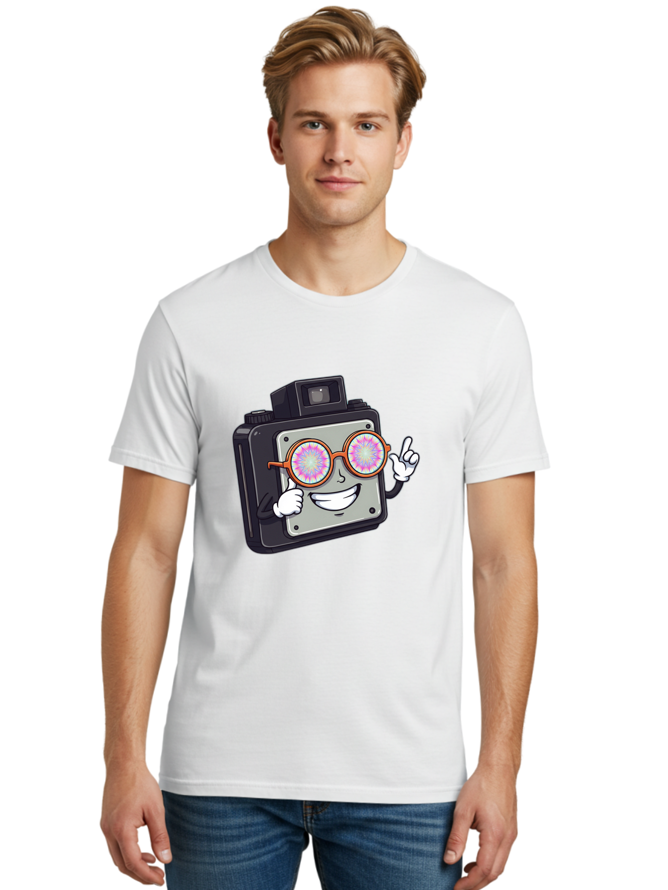 Instant-Camera-Character Men'S Graphic Tee, 100% Cotton, Comfortable Casual Summer Wear, Machine Washable, Cartoon Camera, Sunglasses, Pink Lenses, Funny Character, Playful Vibe, Happy Expression, Creative Illustration, Fun Photography Bae470 18