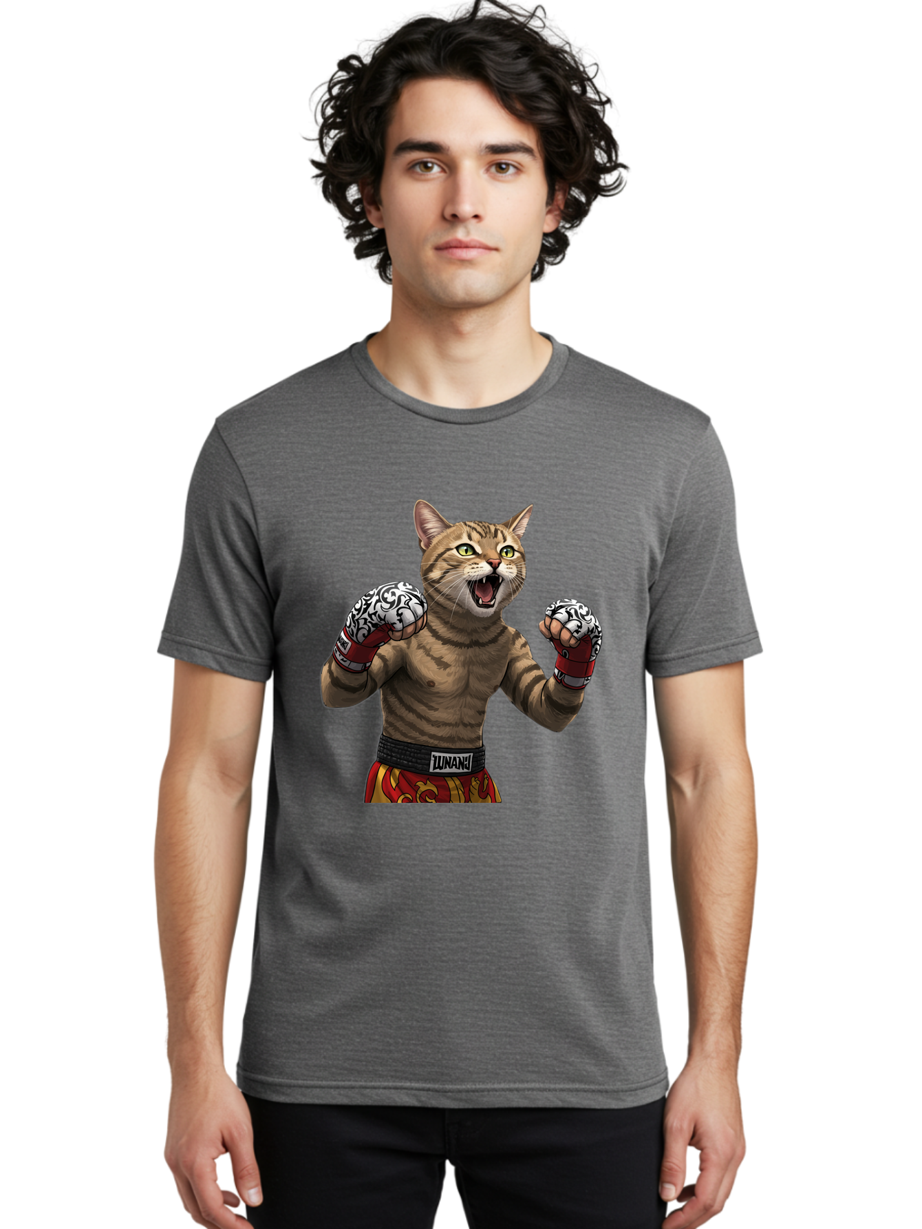 Inunaki Men'S Graphic Tee, 100% Cotton, Comfortable Casual Summer Wear, Machine Washable, Boxing Cat, Muscular Cat, Fighting Stance, Cat With Boxing Gloves, Cartoon Cat, Mixed Martial Arts, Feline Fighter, Lunari Branding, Bold Design, Bae471 22