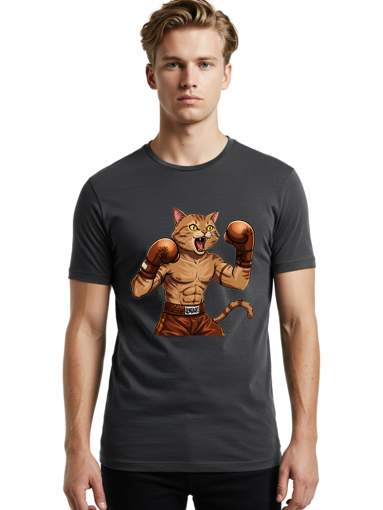 Itnumba Men'S Graphic Tee, 100% Cotton, Comfortable Casual Summer Wear, Machine Washable, Boxing Cat, Cartoon Character, Muscular Feline, Boxing Gloves, Fitness Motivation, Fun Illustration, Tabby Cat, Humorous Design, Anthropomorphic Cat Bae472 30