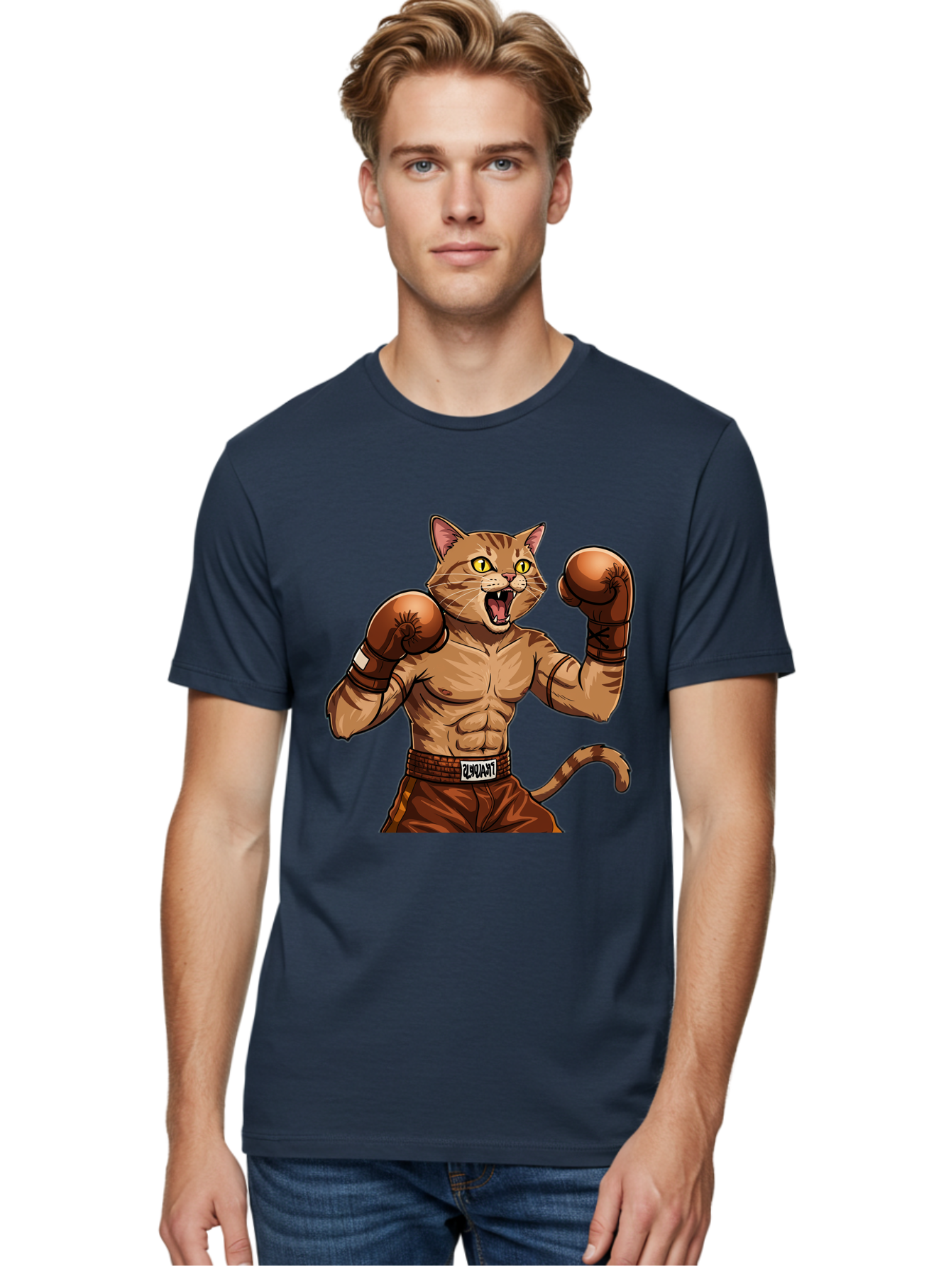 Itnumba Men'S Graphic Tee, 100% Cotton, Comfortable Casual Summer Wear, Machine Washable, Boxing Cat, Cartoon Character, Muscular Feline, Boxing Gloves, Fitness Motivation, Fun Illustration, Tabby Cat, Humorous Design, Anthropomorphic Cat Bae472 26