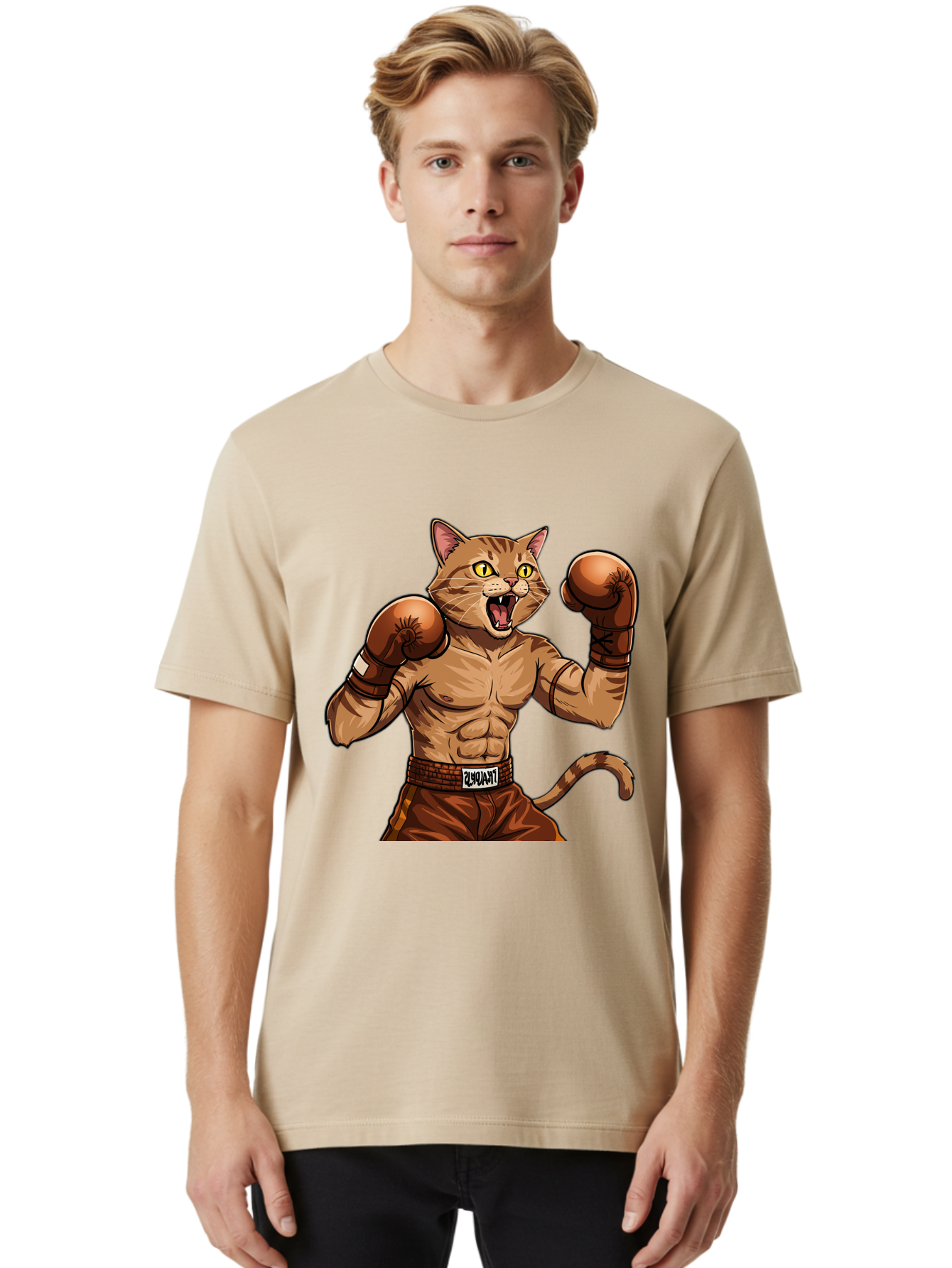 Itnumba Men'S Graphic Tee, 100% Cotton, Comfortable Casual Summer Wear, Machine Washable, Boxing Cat, Cartoon Character, Muscular Feline, Boxing Gloves, Fitness Motivation, Fun Illustration, Tabby Cat, Humorous Design, Anthropomorphic Cat Bae472 18