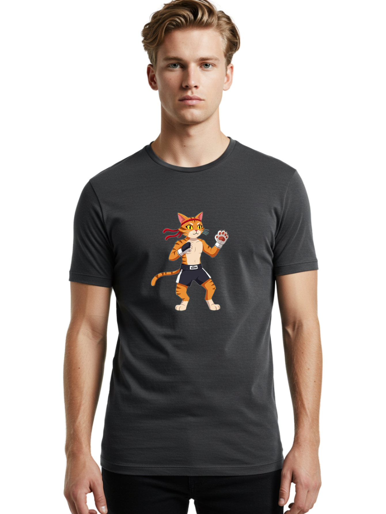 Katom Men'S Graphic Tee, 100% Cotton, Comfortable Casual Summer Wear, Machine Washable, Cartoon Cat Boxer, Orange Striped Cat, Boxing Gloves, Boxing Shorts, Martial Arts, Fighting Cat, Cartoon Character, Funny Animal, Boxing Pose, Bae477 29