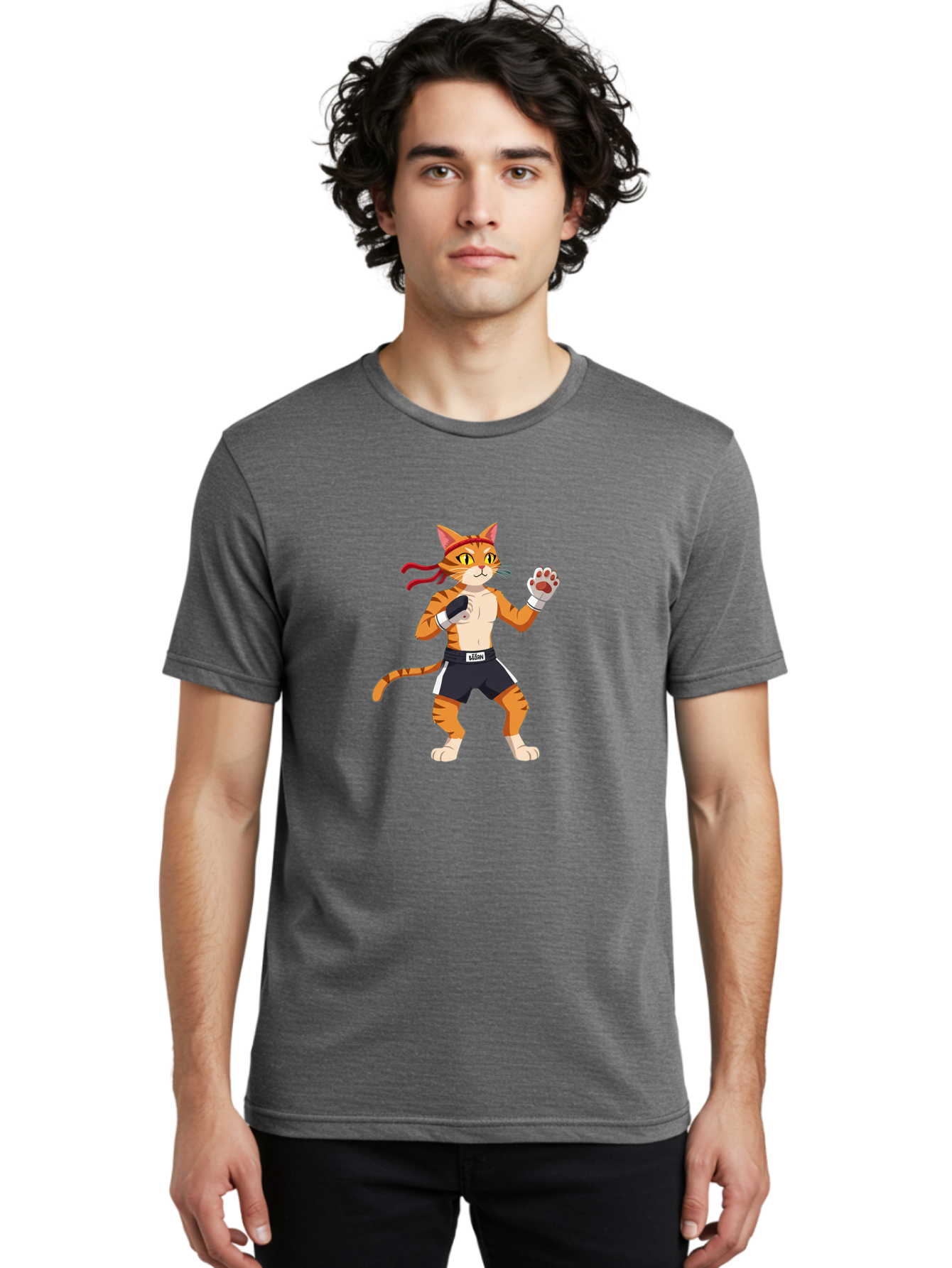 Katom Men'S Graphic Tee, 100% Cotton, Comfortable Casual Summer Wear, Machine Washable, Cartoon Cat Boxer, Orange Striped Cat, Boxing Gloves, Boxing Shorts, Martial Arts, Fighting Cat, Cartoon Character, Funny Animal, Boxing Pose, Bae477 30