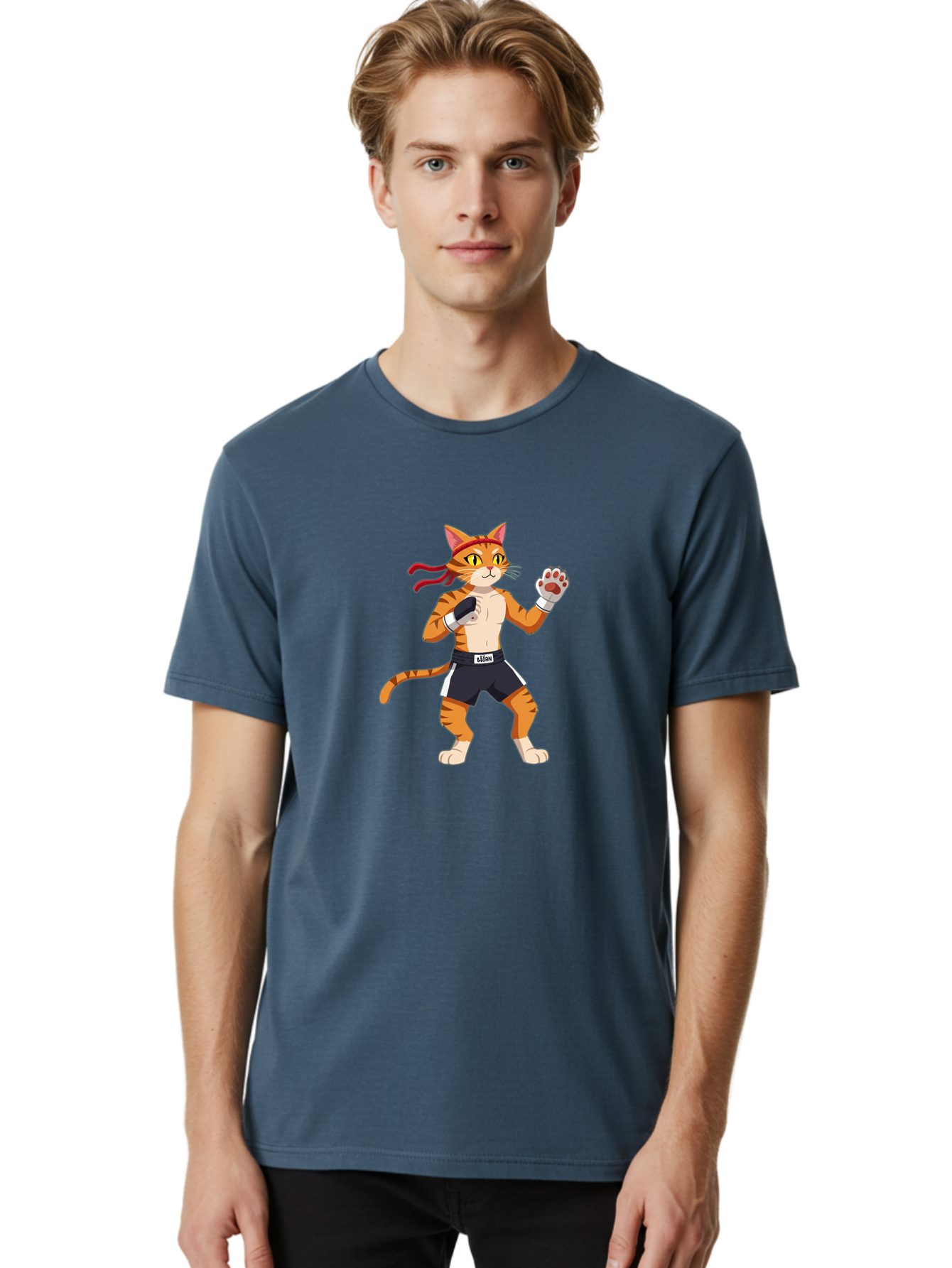 Katom Men'S Graphic Tee, 100% Cotton, Comfortable Casual Summer Wear, Machine Washable, Cartoon Cat Boxer, Orange Striped Cat, Boxing Gloves, Boxing Shorts, Martial Arts, Fighting Cat, Cartoon Character, Funny Animal, Boxing Pose, Bae477 16
