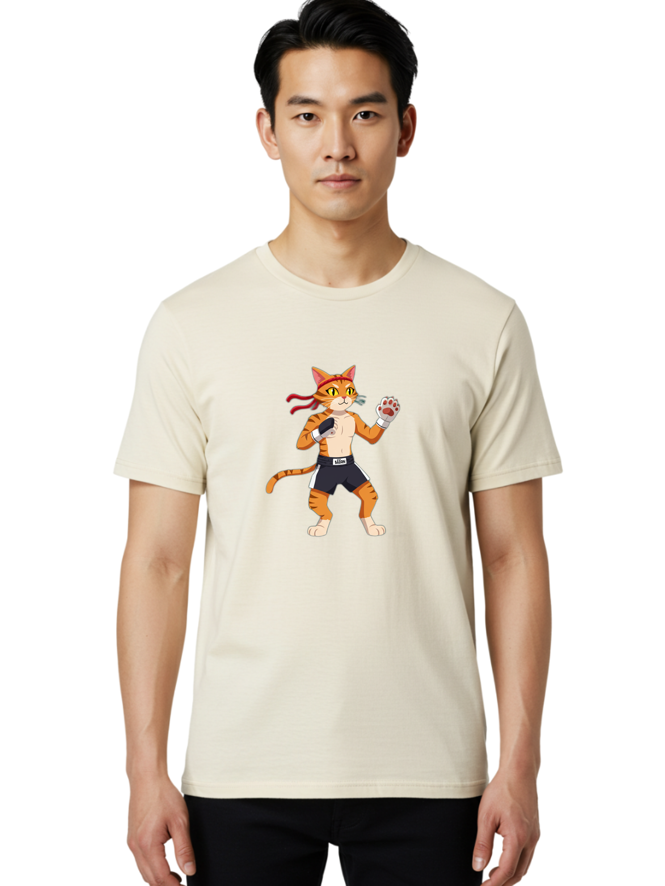 Katom Men'S Graphic Tee, 100% Cotton, Comfortable Casual Summer Wear, Machine Washable, Cartoon Cat Boxer, Orange Striped Cat, Boxing Gloves, Boxing Shorts, Martial Arts, Fighting Cat, Cartoon Character, Funny Animal, Boxing Pose, Bae477 28
