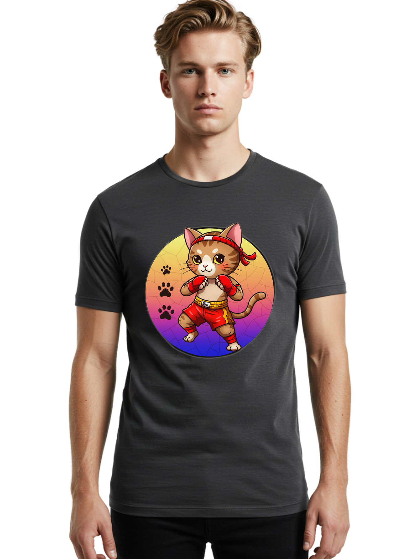 Kitty-Muay-Thai Men'S Graphic Tee, 100% Cotton, Comfortable Casual Summer Wear, Machine Washable, Cartoon Cat, Muay Thai Fighter, Boxing Gloves, Red Shorts, Kawaii Character, Cat Paw Prints, Gradient Background, Martial Arts, Fighting Stance, Bae480 27