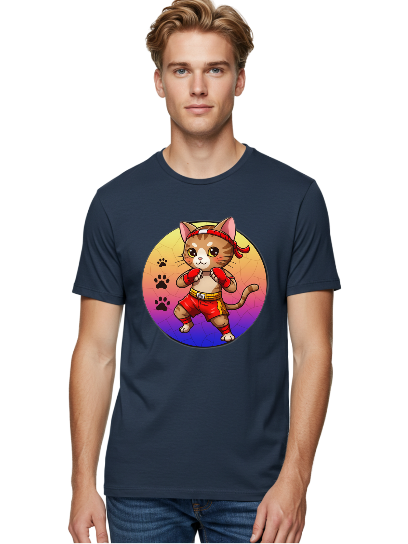 Kitty-Muay-Thai Men'S Graphic Tee, 100% Cotton, Comfortable Casual Summer Wear, Machine Washable, Cartoon Cat, Muay Thai Fighter, Boxing Gloves, Red Shorts, Kawaii Character, Cat Paw Prints, Gradient Background, Martial Arts, Fighting Stance, Bae480 16