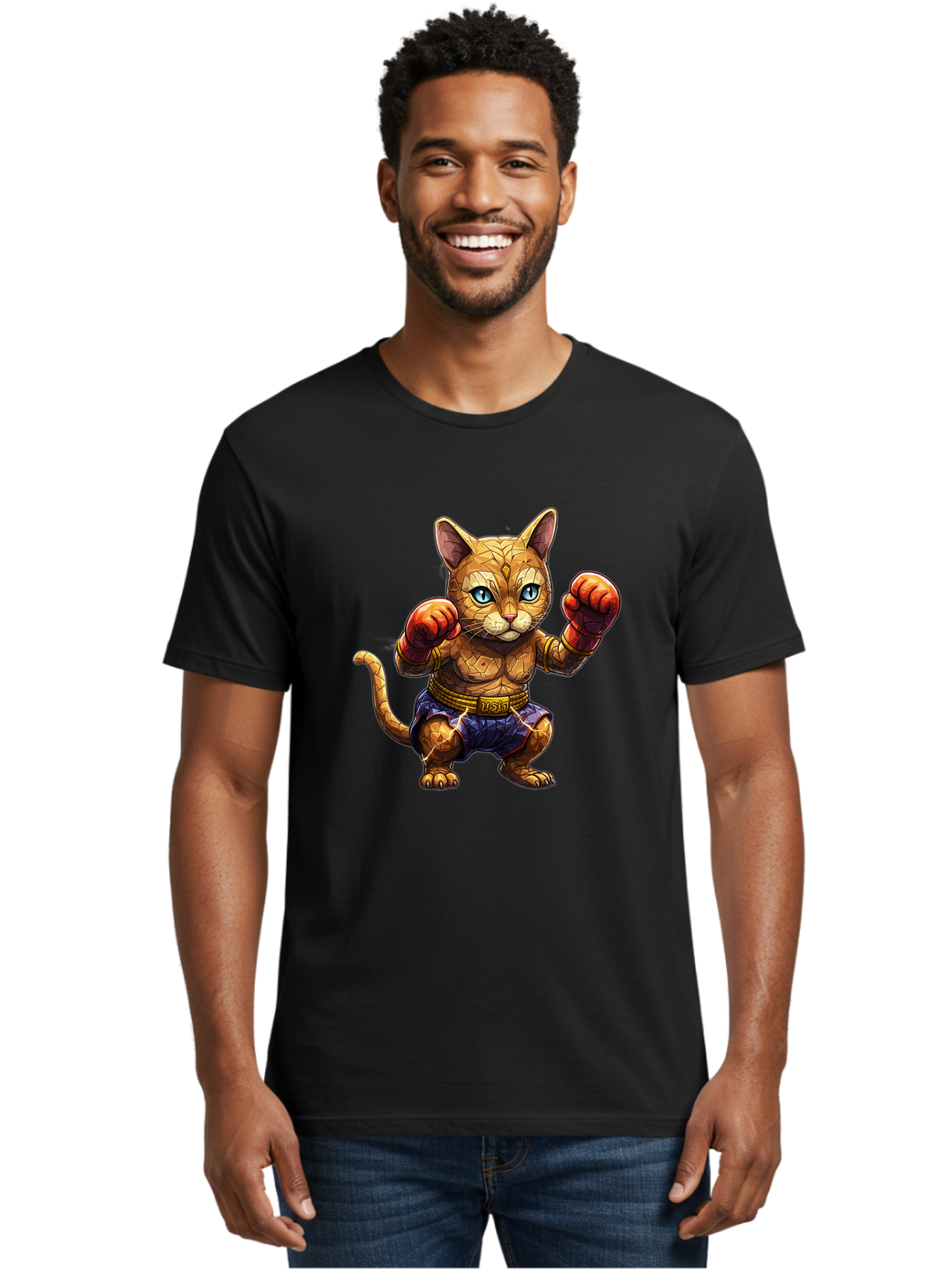 Kung-Fu-Cat-1 Men'S Graphic Tee, 100% Cotton, Comfortable Casual Summer Wear, Machine Washable, Cartoon Cat With Boxing Gloves, Muscular Cat, Fighting Stance, Blue Shorts, Gold Belt, Tiger-Like, Orange Fur, Intense Stare, Athletic Build, Bae481 19